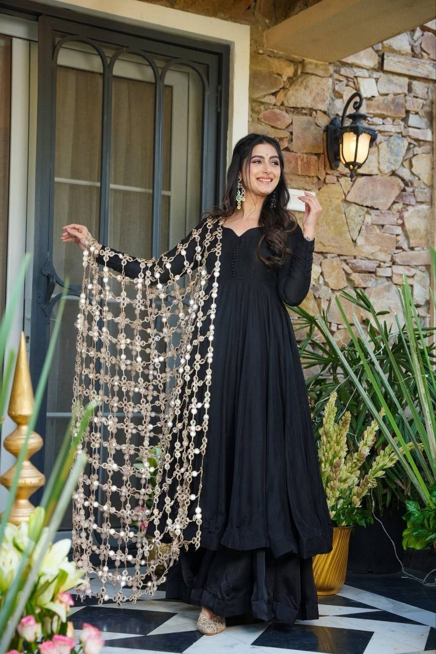 Womenline Black Anarkali Kurta Set with Heavy Embroidered Net Dupatta