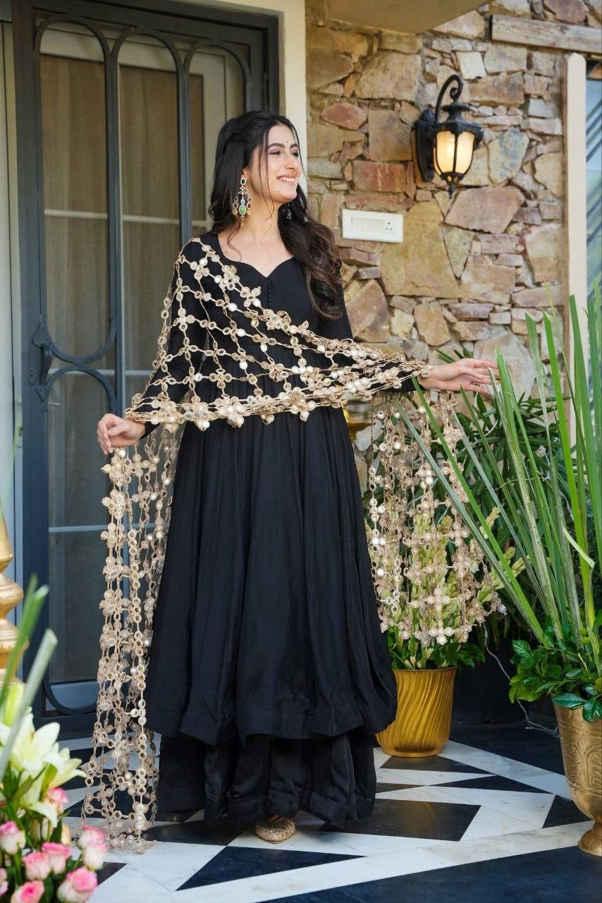 Womenline Black Anarkali Kurta Set with Heavy Embroidered Net Dupatta