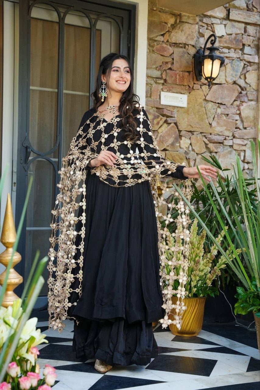 Womenline Black Anarkali Kurta Set with Heavy Embroidered Net Dupatta