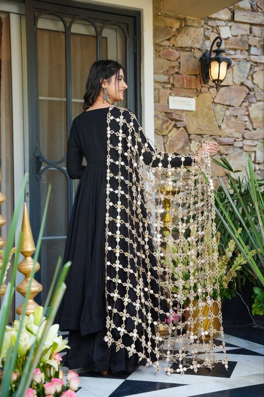 Womenline Black Anarkali Kurta Set with Heavy Embroidered Net Dupatta