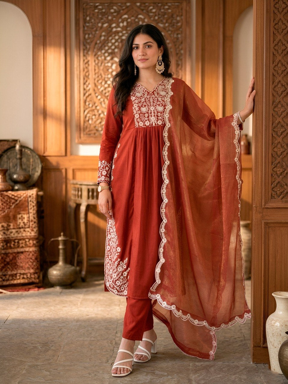 Womenline Rust Red Embroidered Straight Kurta Set with Organza Dupatta
