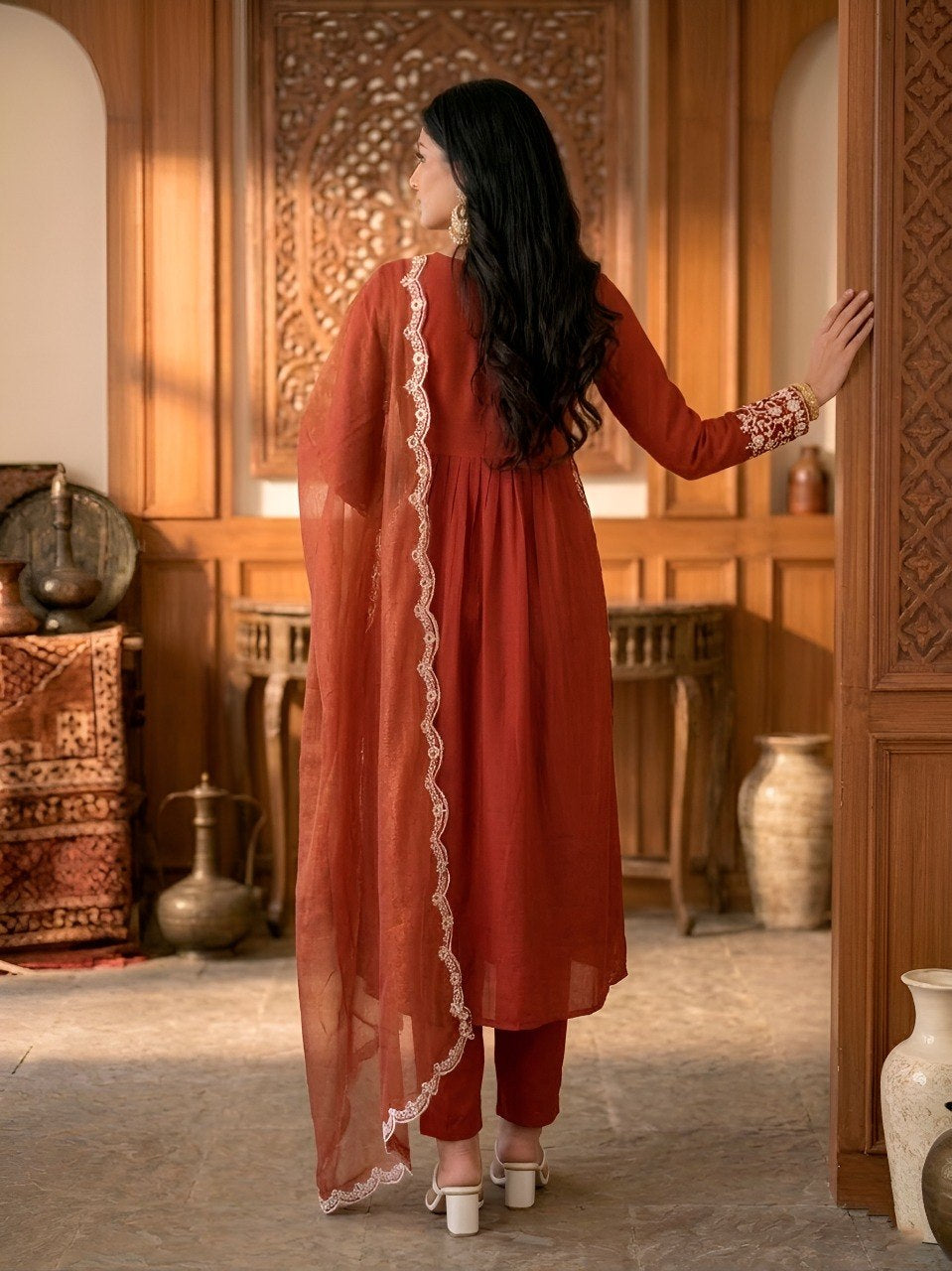 Womenline Rust Red Embroidered Straight Kurta Set with Organza Dupatta