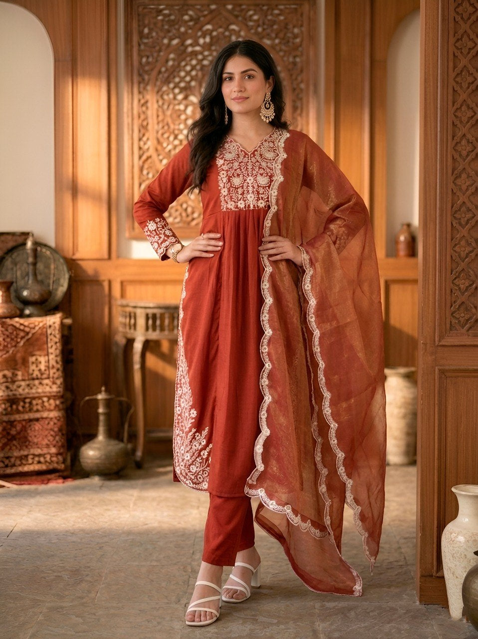 Womenline Rust Red Embroidered Straight Kurta Set with Organza Dupatta