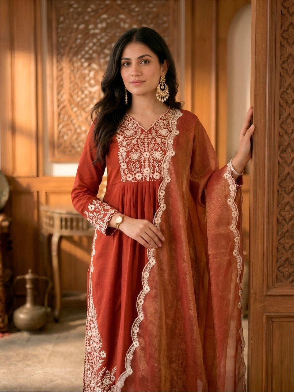 Womenline Rust Red Embroidered Straight Kurta Set with Organza Dupatta