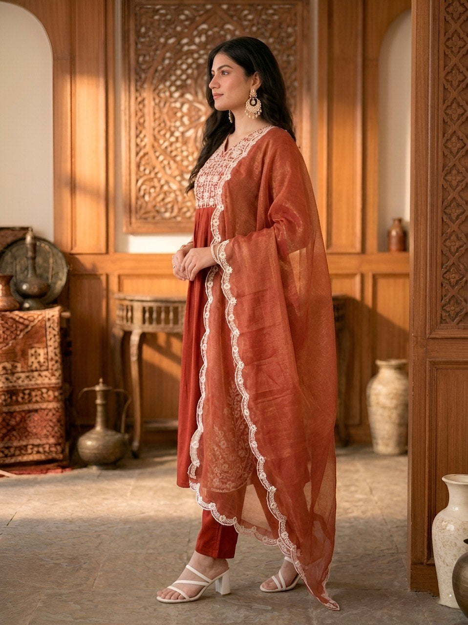 Womenline Rust Red Embroidered Straight Kurta Set with Organza Dupatta