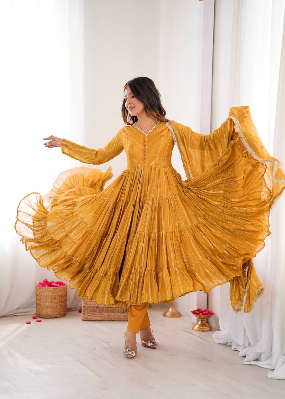 Womenline Mustard Yellow Shimmer Tiered Anarkali Set with Dupatta