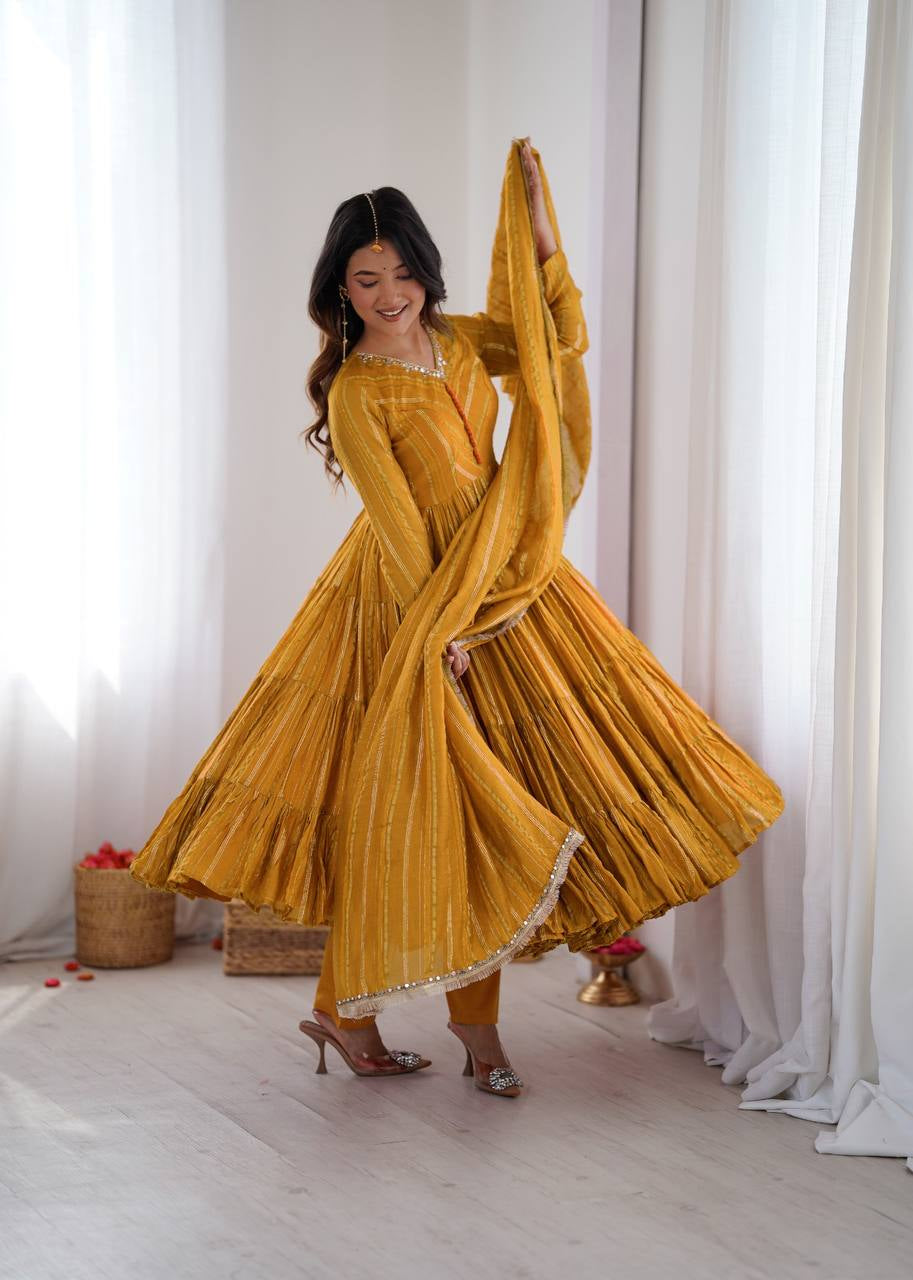Womenline Mustard Yellow Shimmer Tiered Anarkali Set with Dupatta