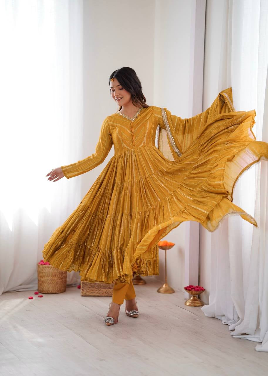 Womenline Mustard Yellow Shimmer Tiered Anarkali Set with Dupatta
