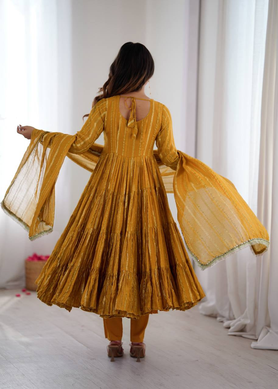 Womenline Mustard Yellow Shimmer Tiered Anarkali Set with Dupatta