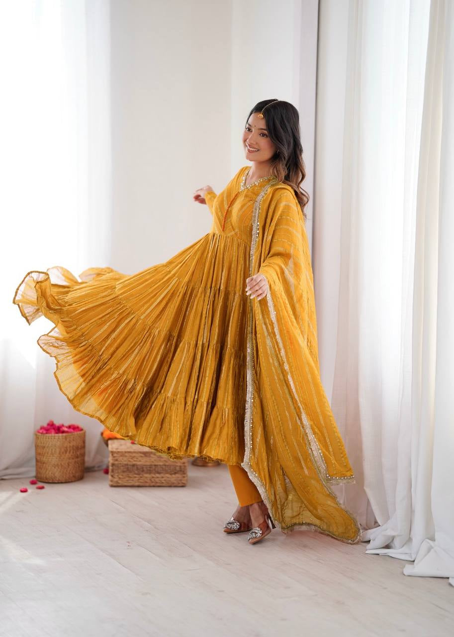 Womenline Mustard Yellow Shimmer Tiered Anarkali Set with Dupatta
