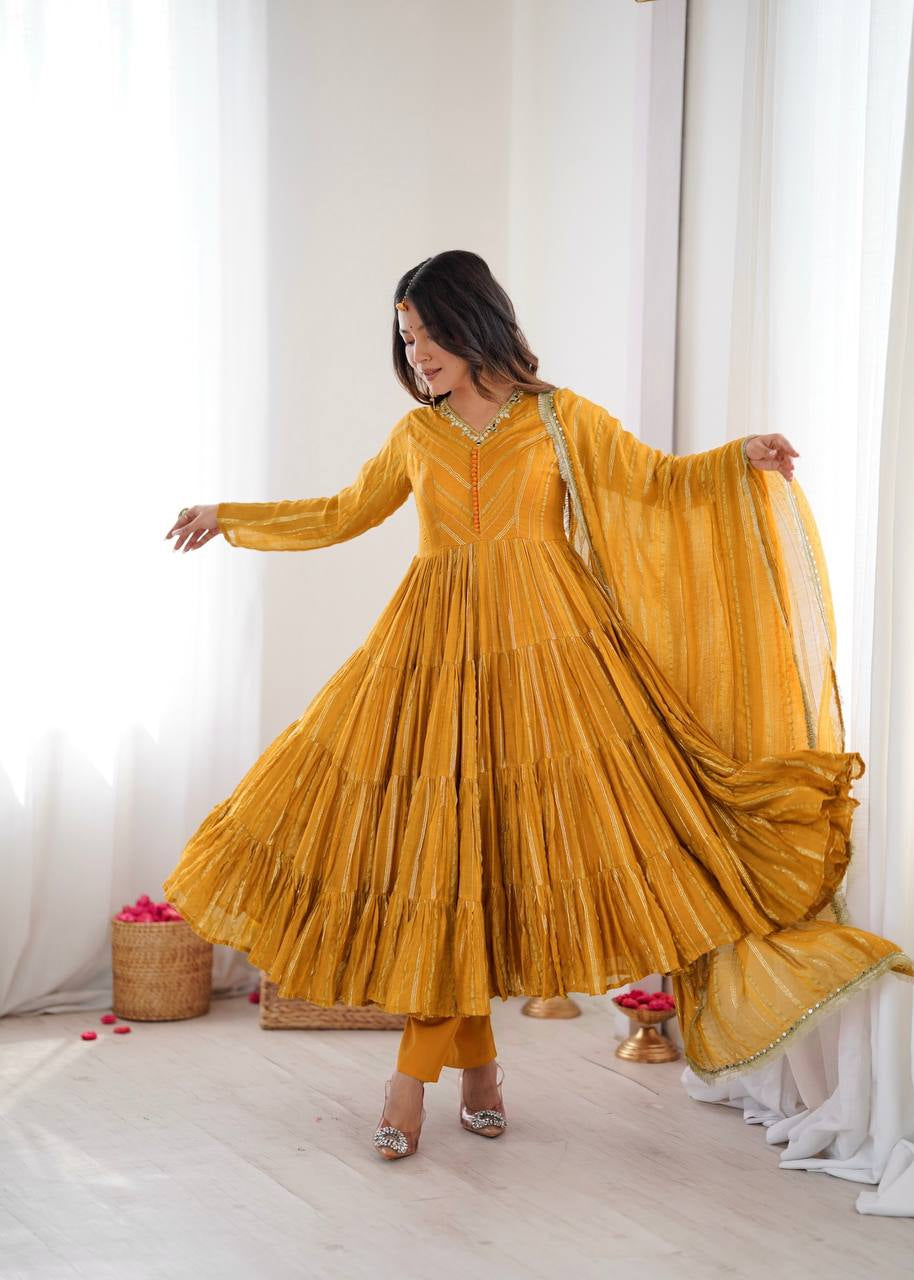 Womenline Mustard Yellow Shimmer Tiered Anarkali Set with Dupatta