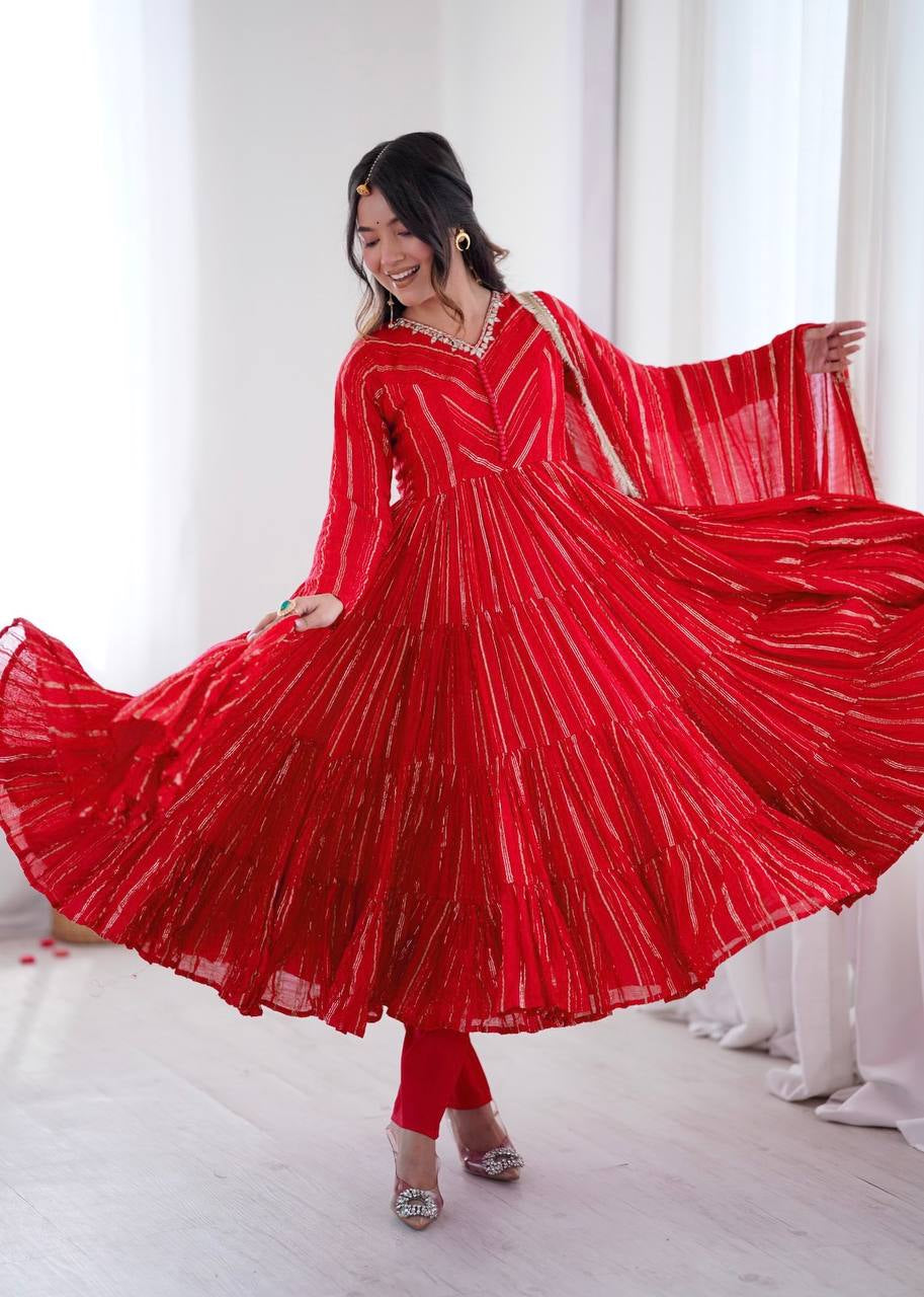 Womenline Crimson Red Shimmer Tiered Anarkali Set with Dupatta