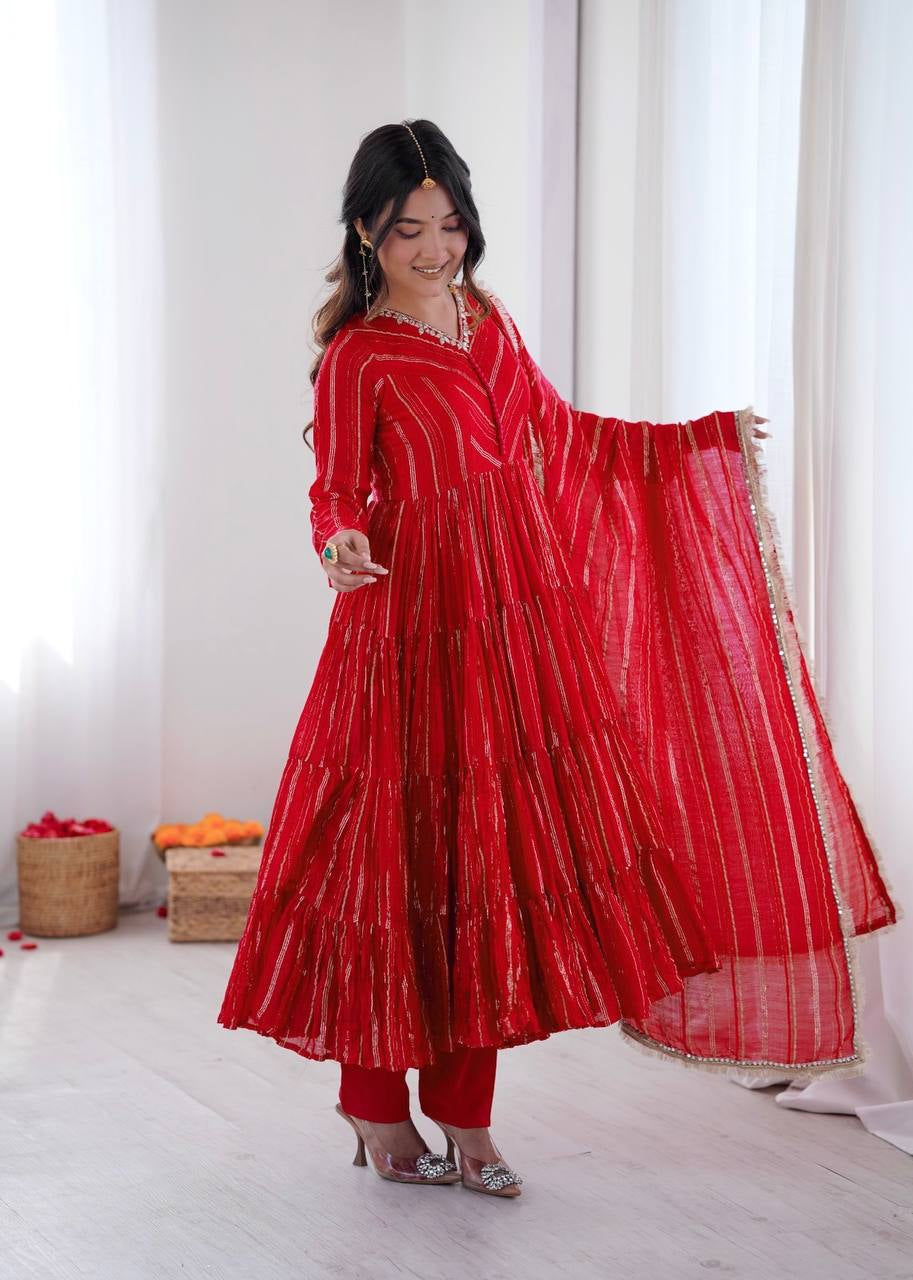 Womenline Crimson Red Shimmer Tiered Anarkali Set with Dupatta