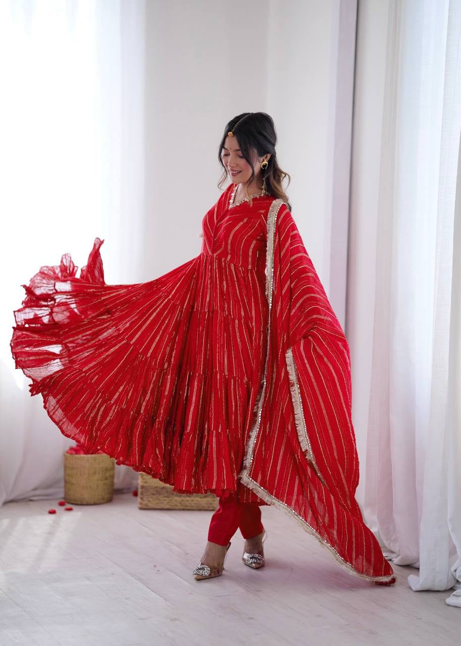 Womenline Crimson Red Shimmer Tiered Anarkali Set with Dupatta