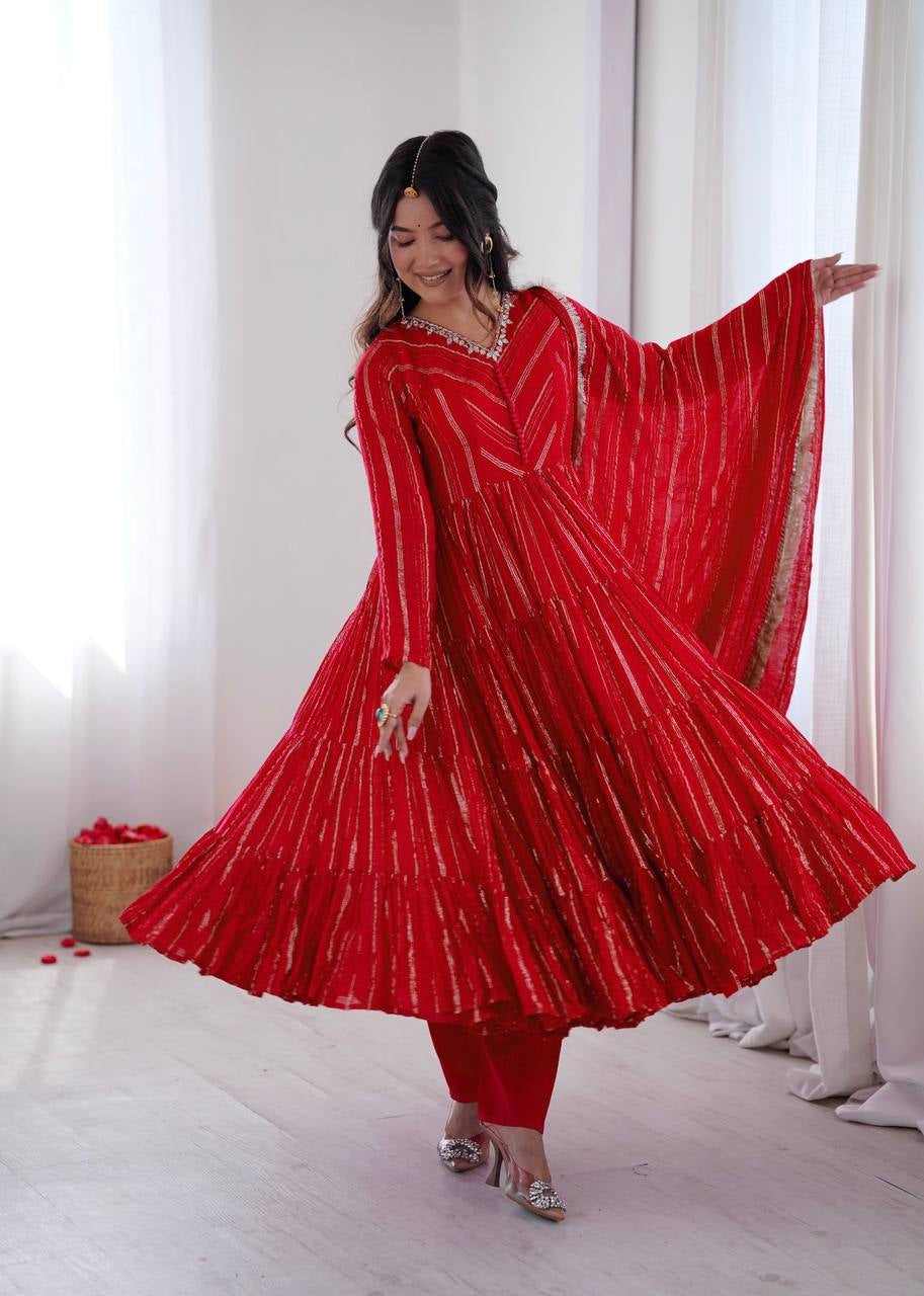 Womenline Crimson Red Shimmer Tiered Anarkali Set with Dupatta