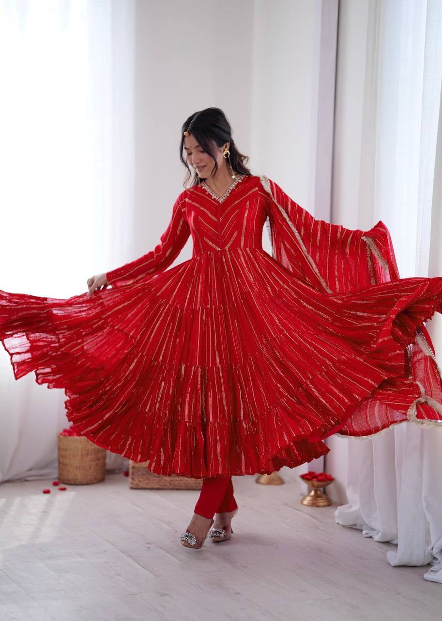 Womenline Crimson Red Shimmer Tiered Anarkali Set with Dupatta