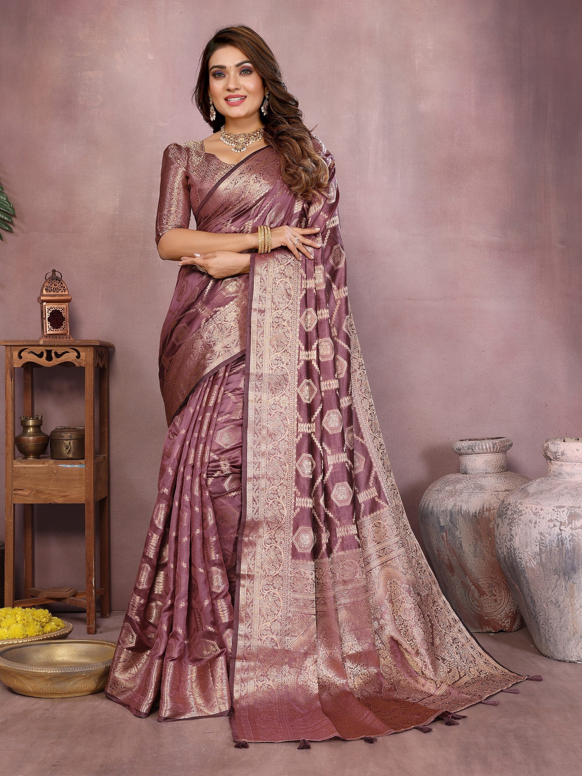 Womenline Dusty Mauve Color Soft Organza Silk Banarasi Saree