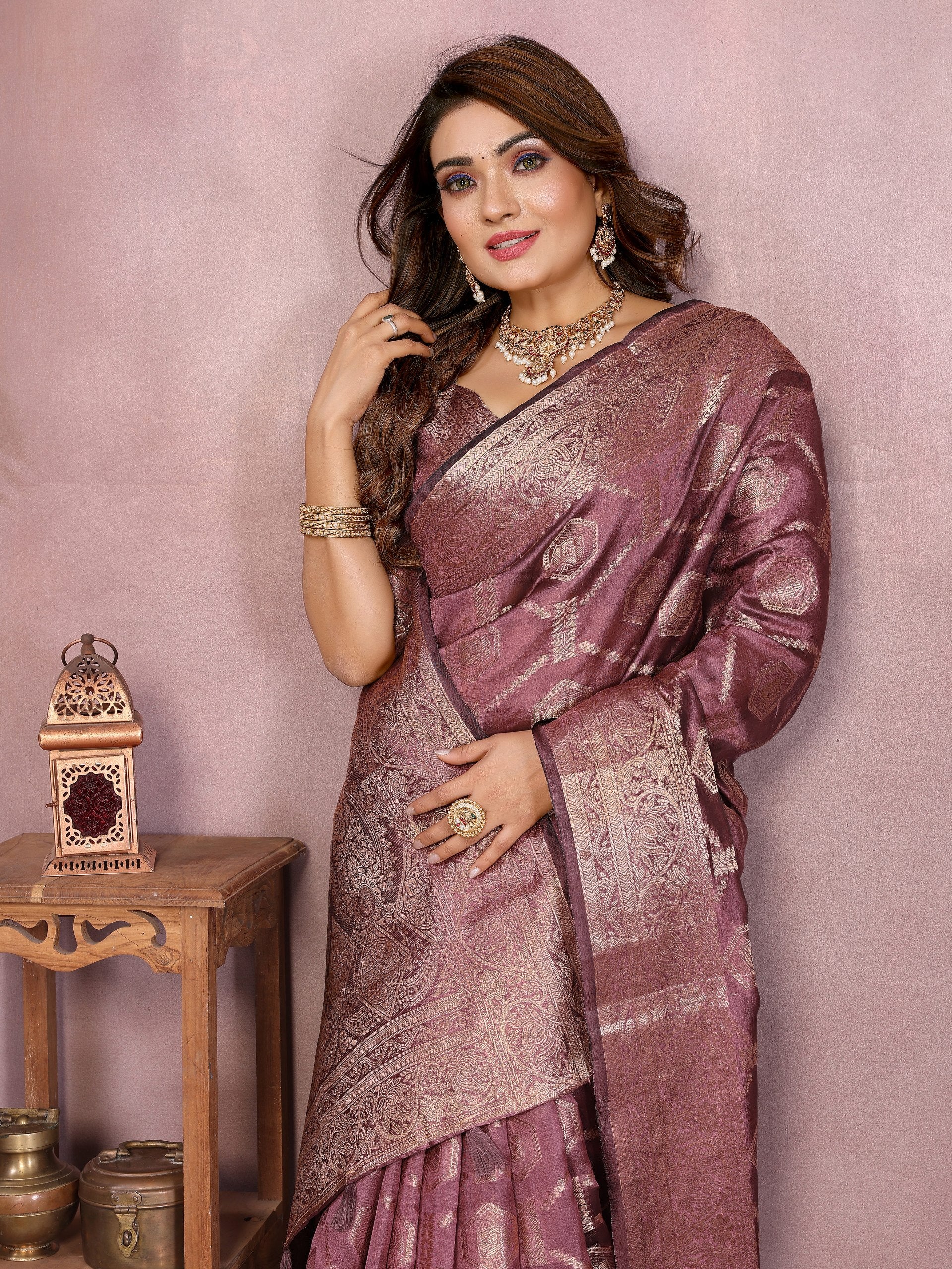 Womenline Dusty Mauve Color Soft Organza Silk Banarasi Saree