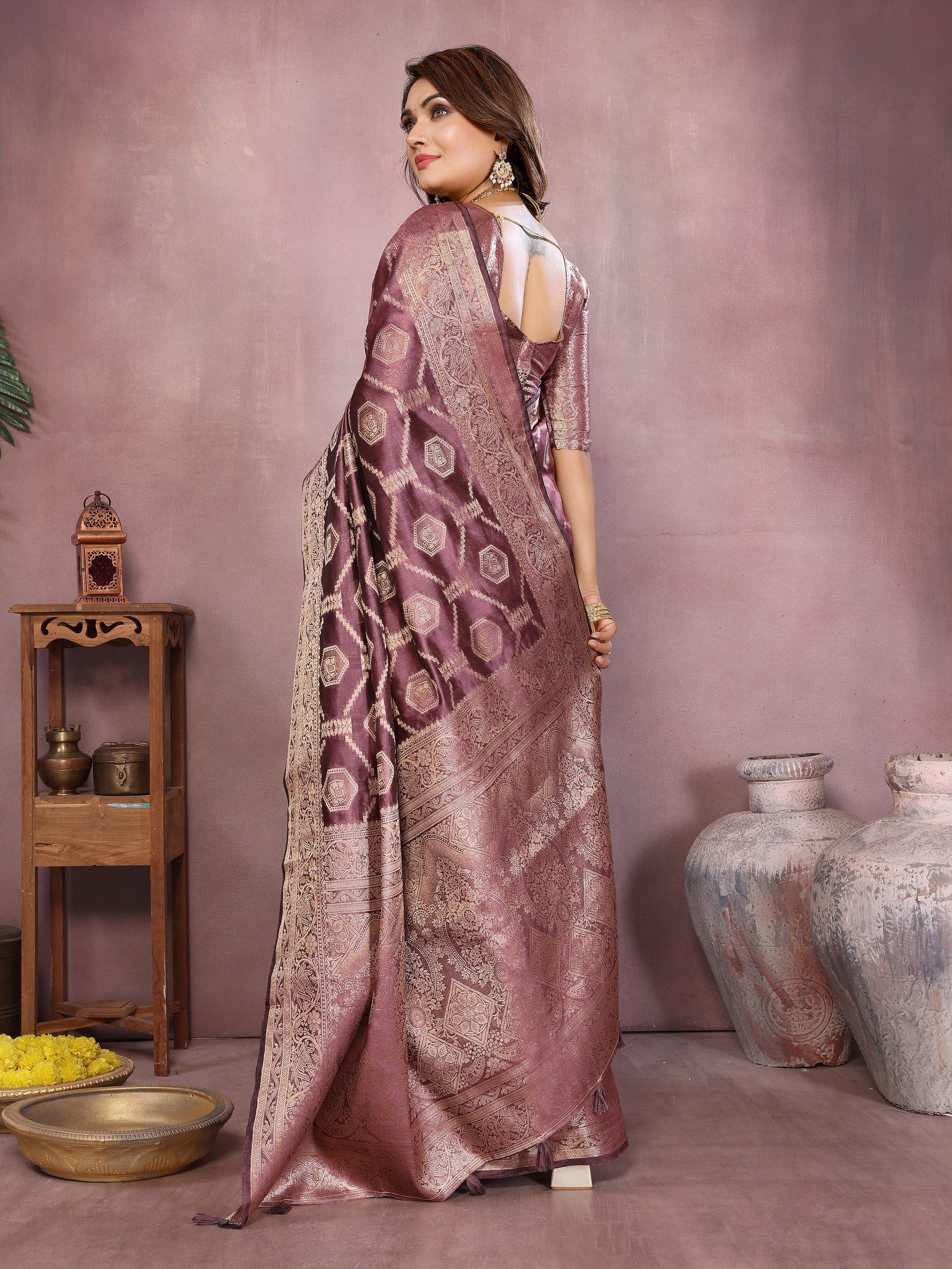 Womenline Dusty Mauve Color Soft Organza Silk Banarasi Saree