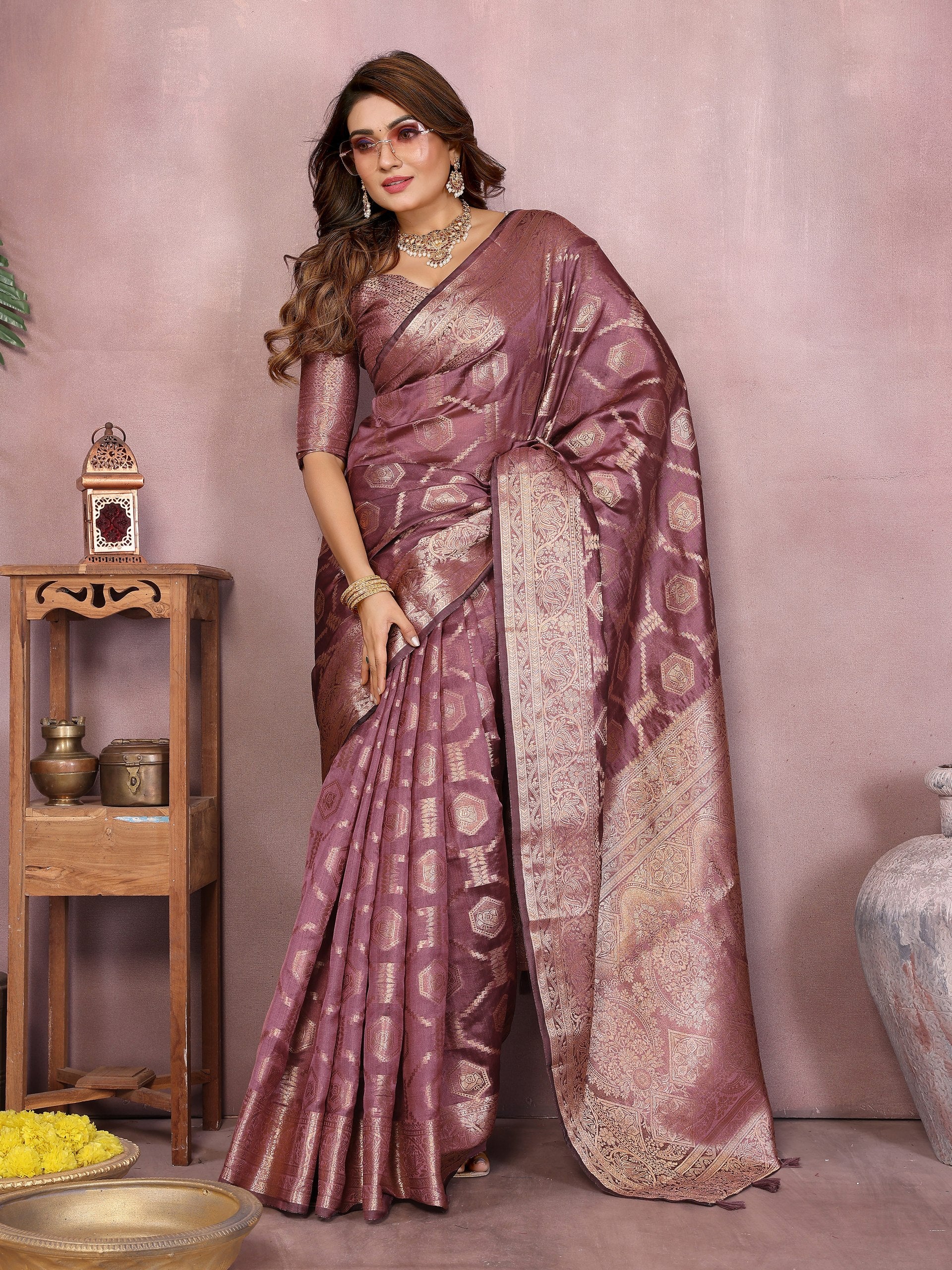 Womenline Dusty Mauve Color Soft Organza Silk Banarasi Saree