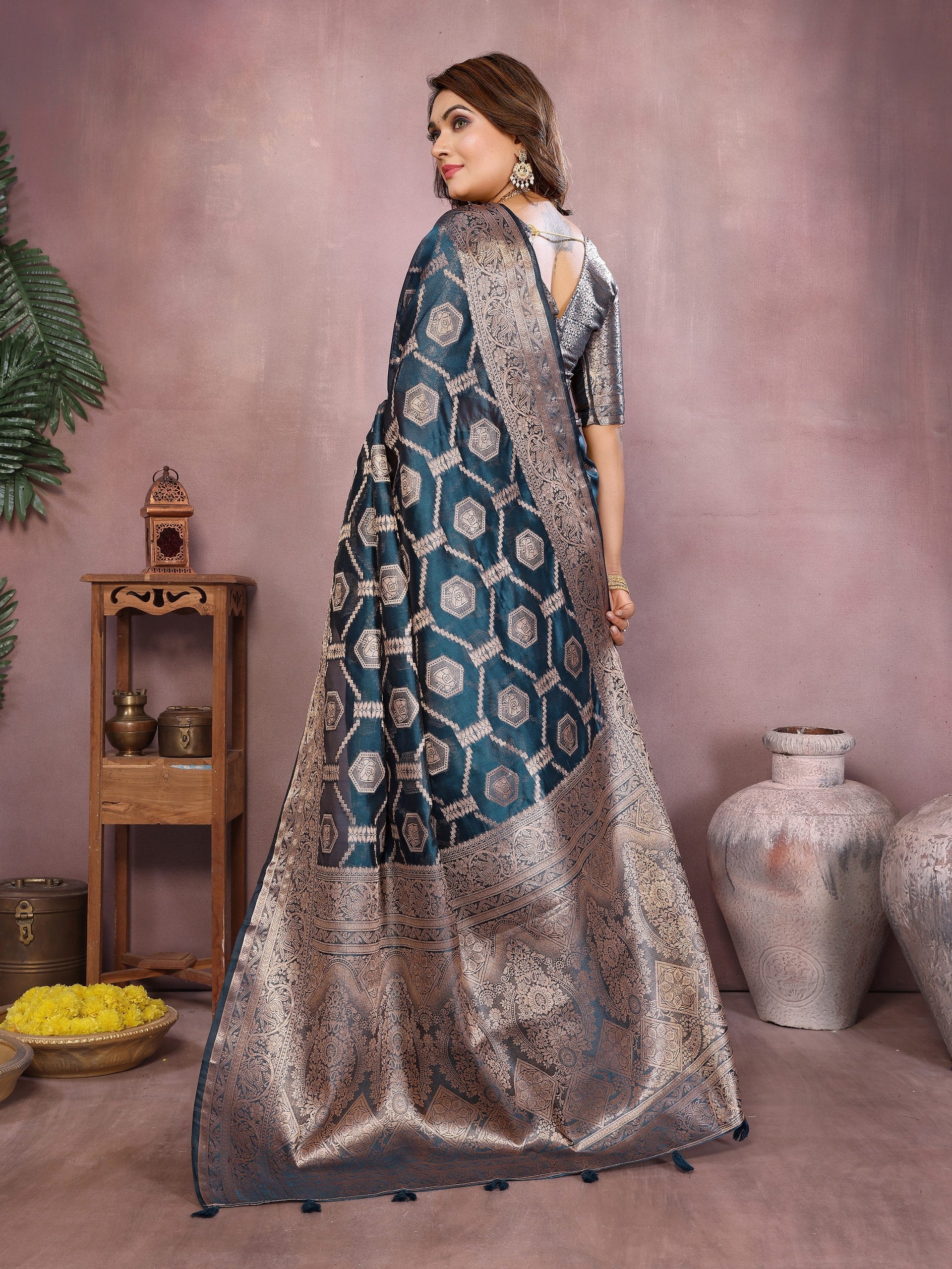 Womenline Teal Blue Color Soft Organza Silk Banarasi Saree