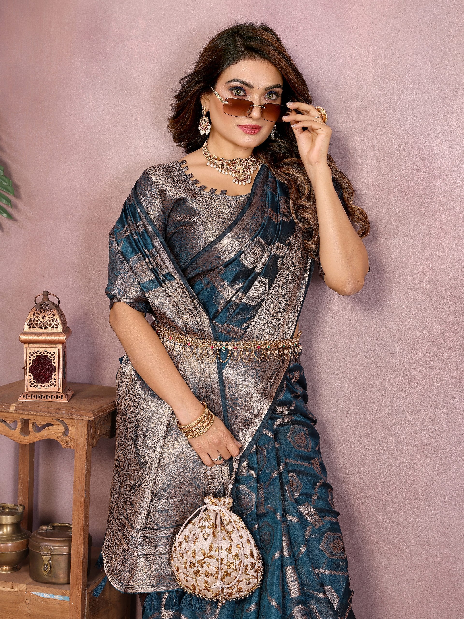Womenline Teal Blue Color Soft Organza Silk Banarasi Saree