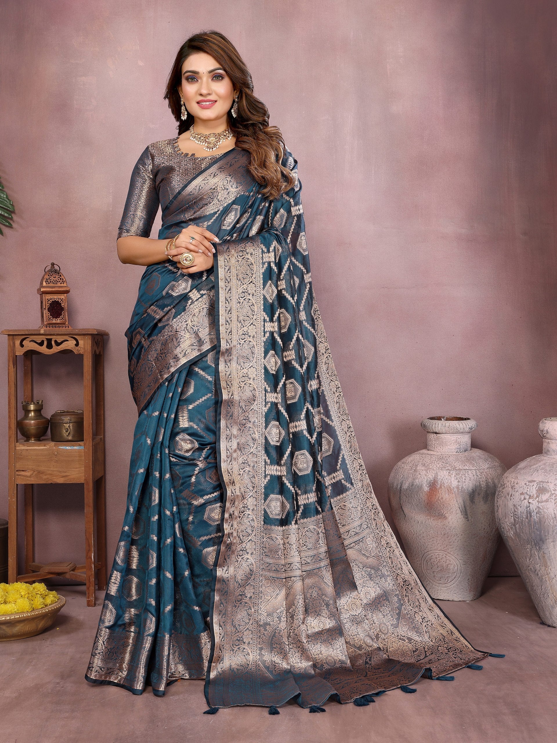 Womenline Teal Blue Color Soft Organza Silk Banarasi Saree