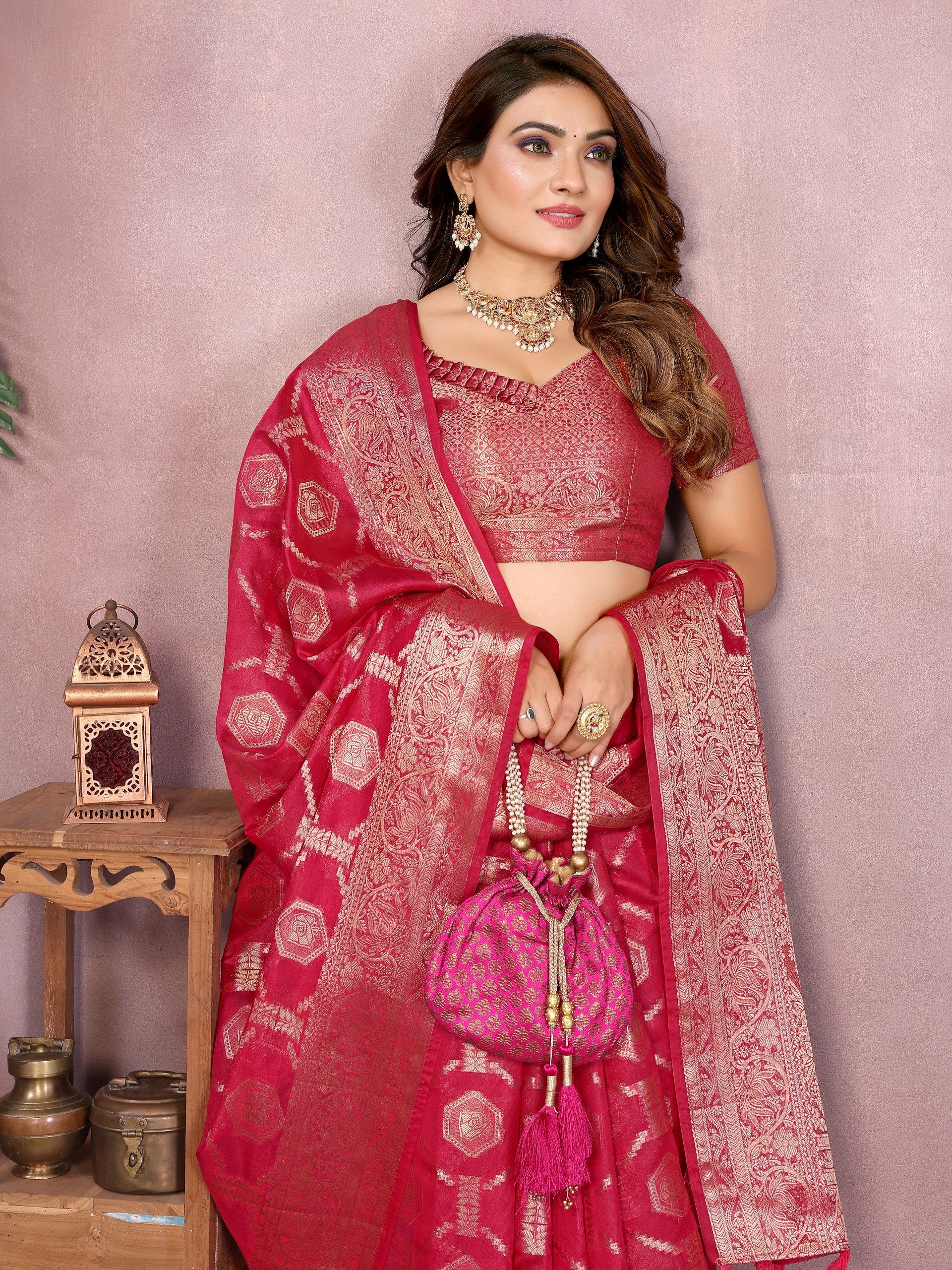 Womenline Royal Rani Pink Color Soft Organza Silk Banarasi Saree