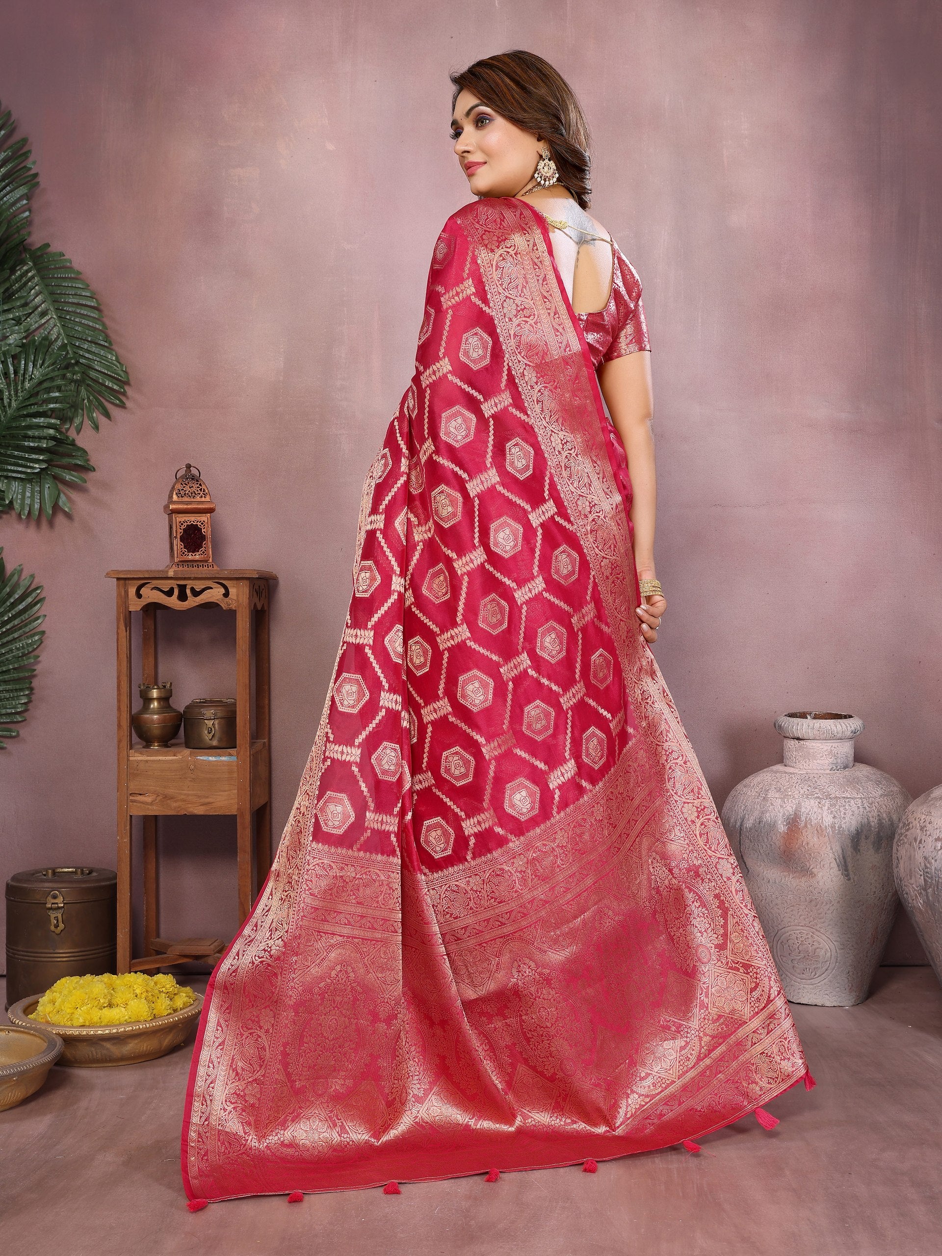 Womenline Royal Rani Pink Color Soft Organza Silk Banarasi Saree