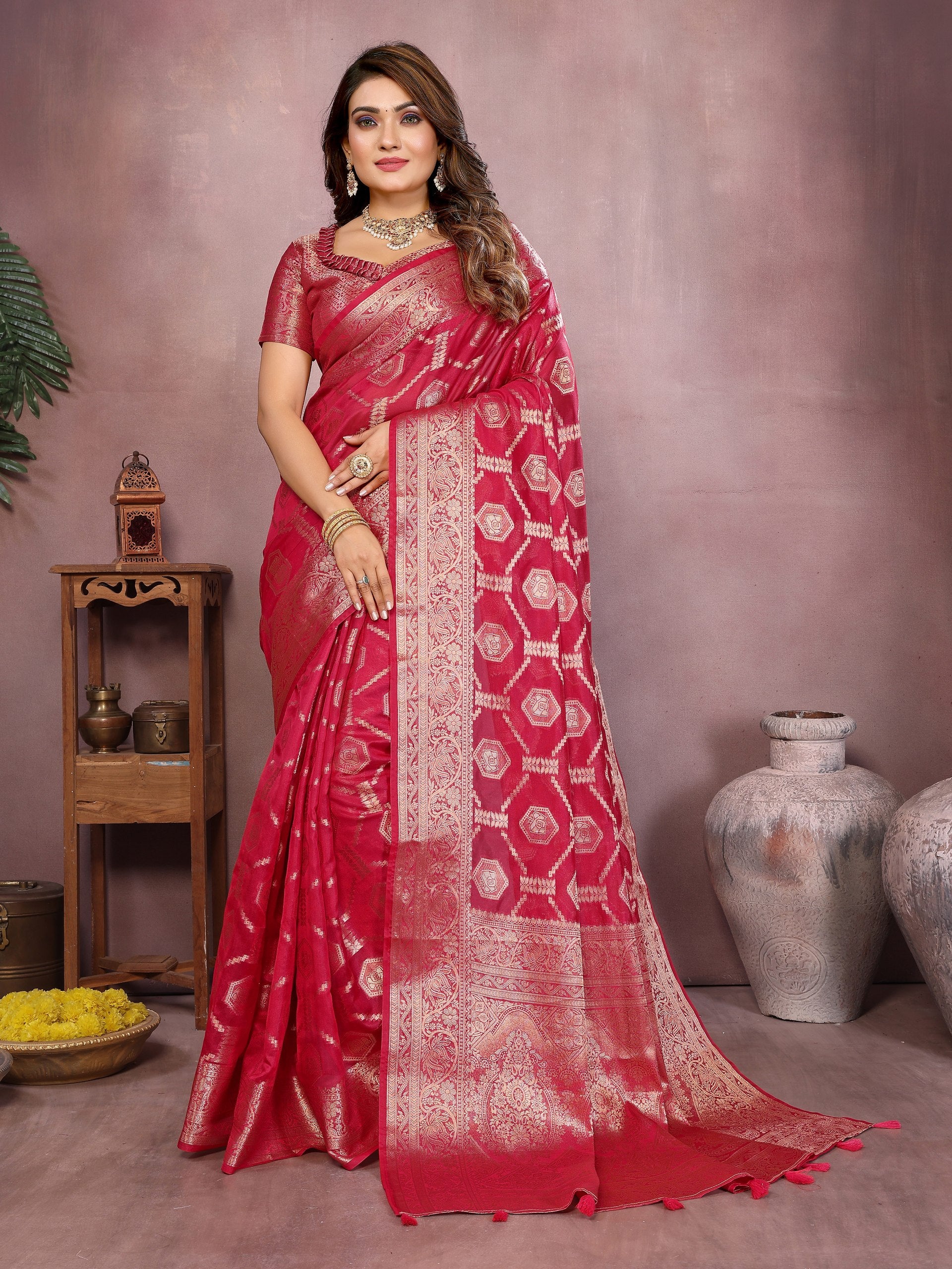 Womenline Royal Rani Pink Color Soft Organza Silk Banarasi Saree