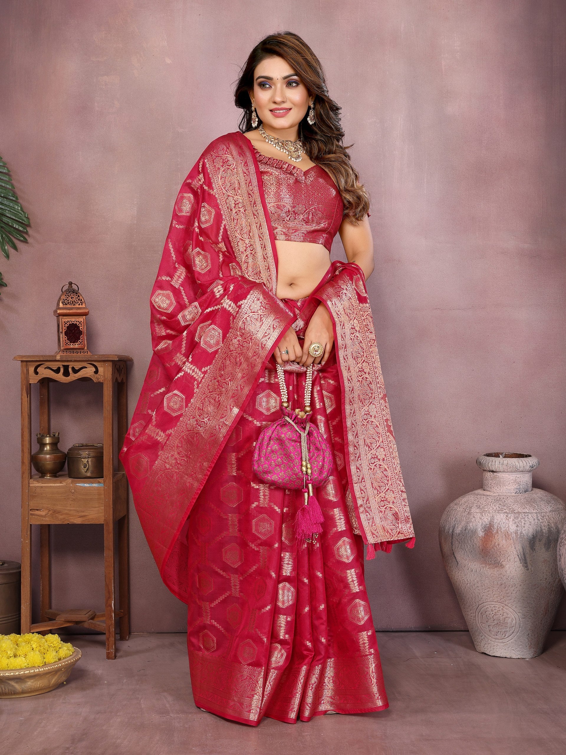 Womenline Royal Rani Pink Color Soft Organza Silk Banarasi Saree
