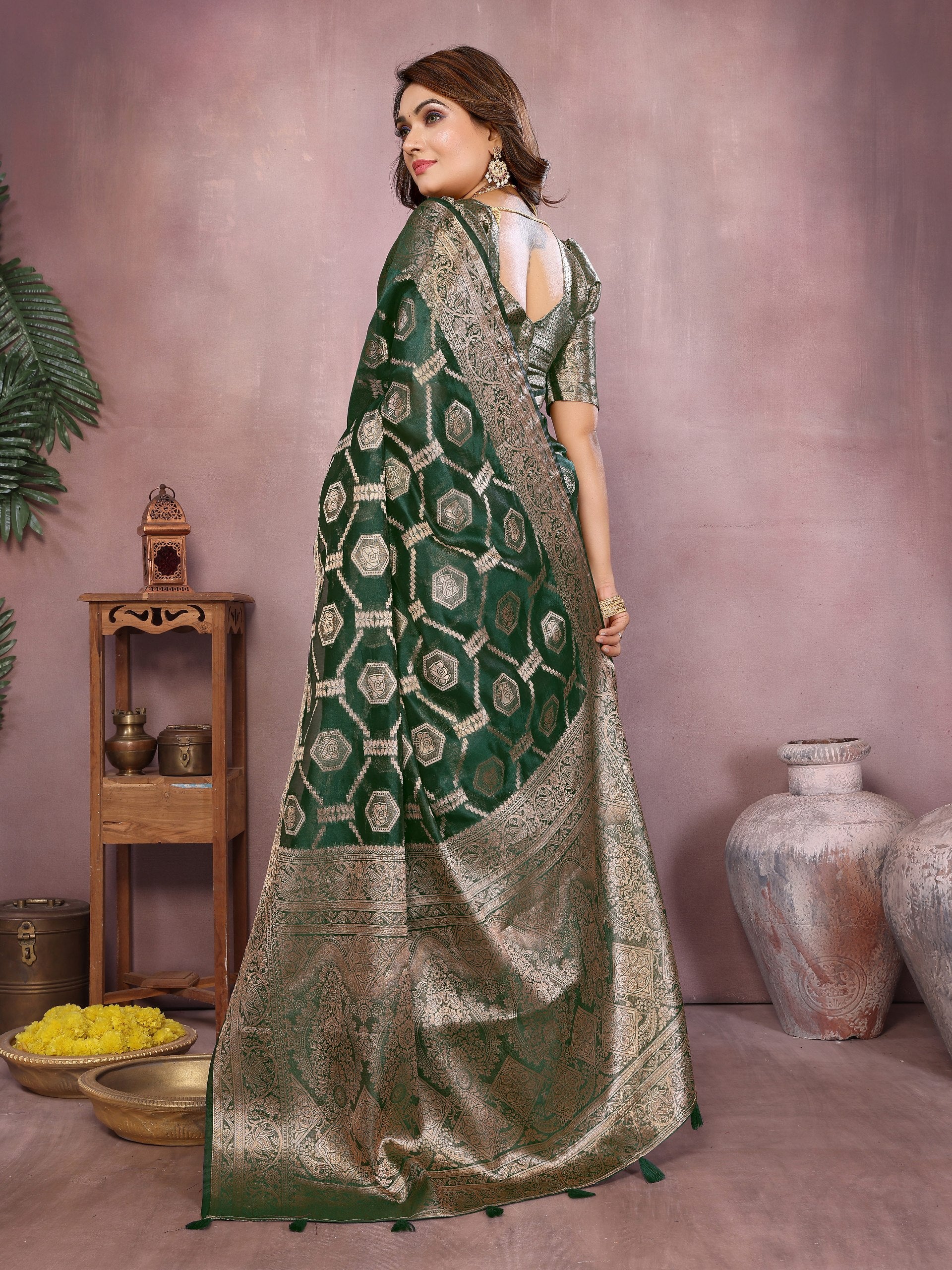 Womenline Emerald Green Color Soft Organza Silk Banarasi Saree