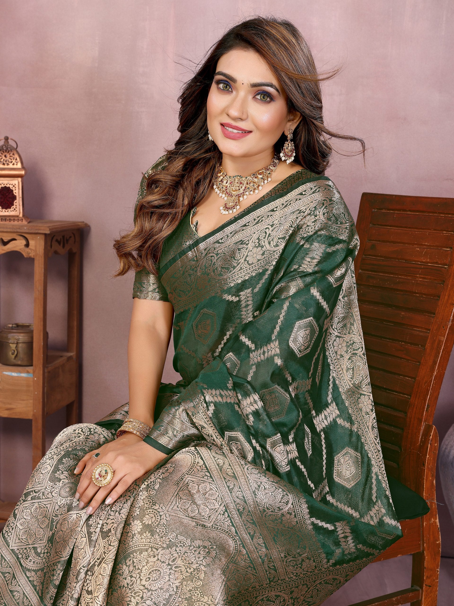 Womenline Emerald Green Color Soft Organza Silk Banarasi Saree