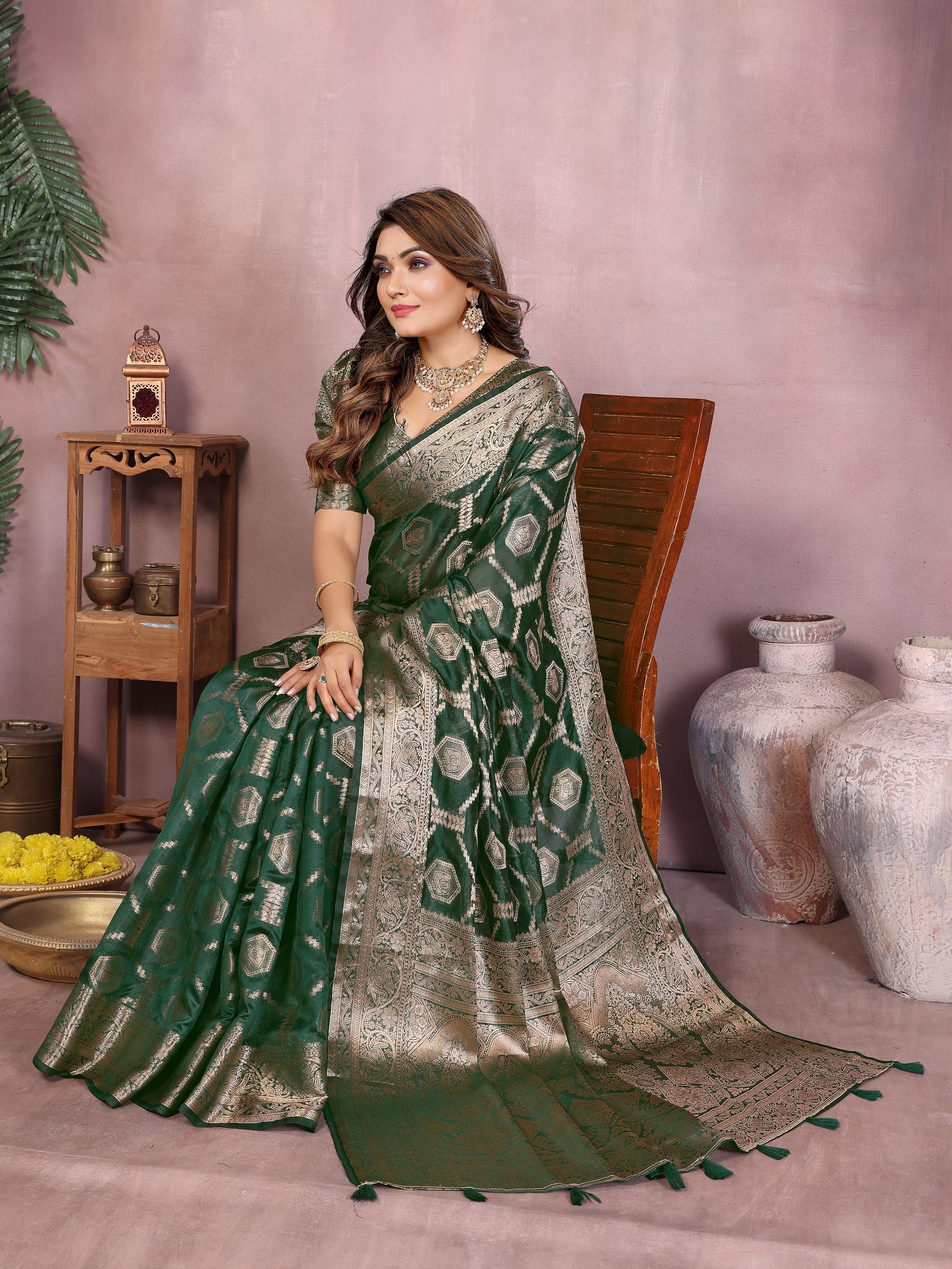 Womenline Emerald Green Color Soft Organza Silk Banarasi Saree