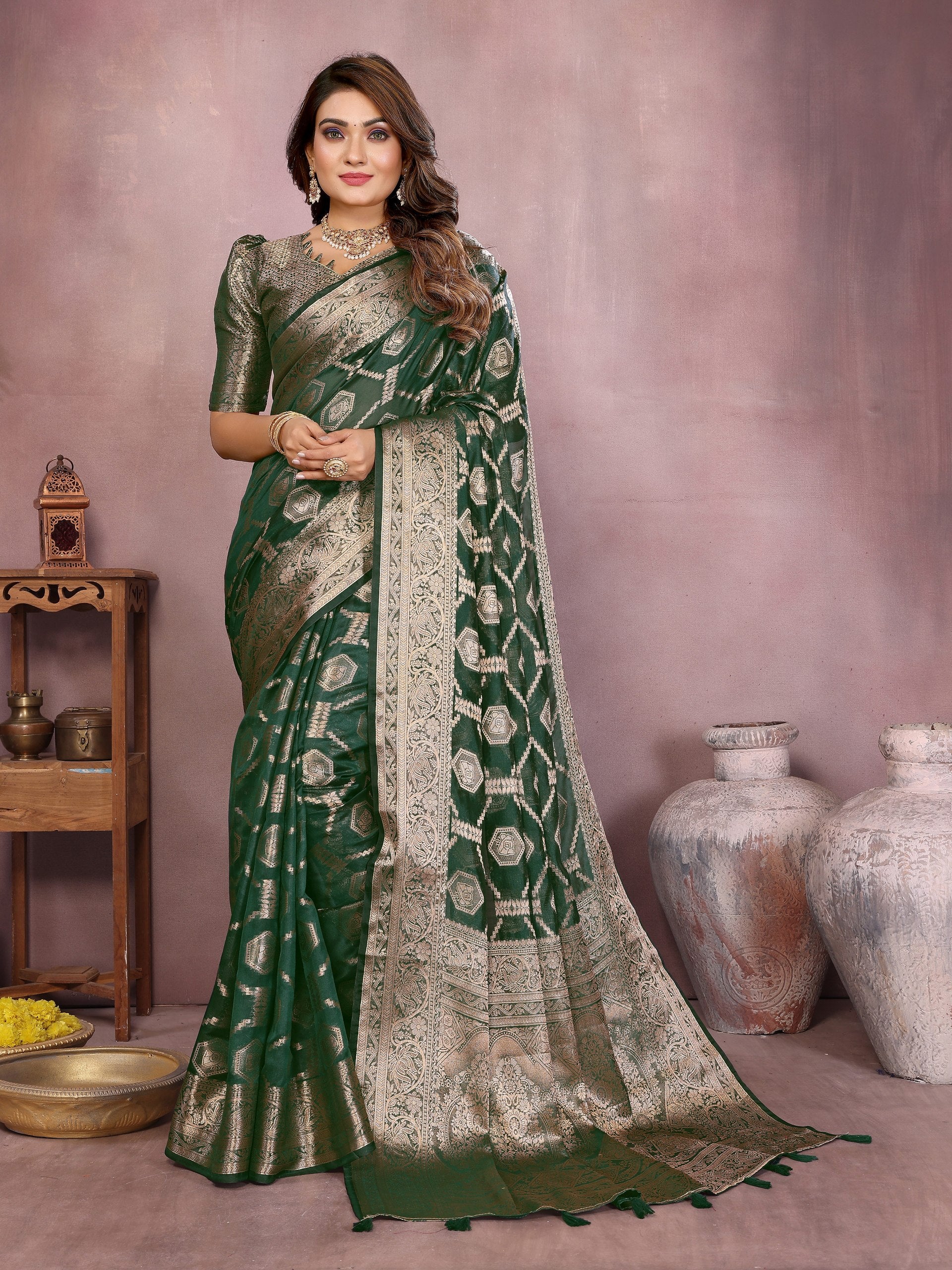 Womenline Emerald Green Color Soft Organza Silk Banarasi Saree