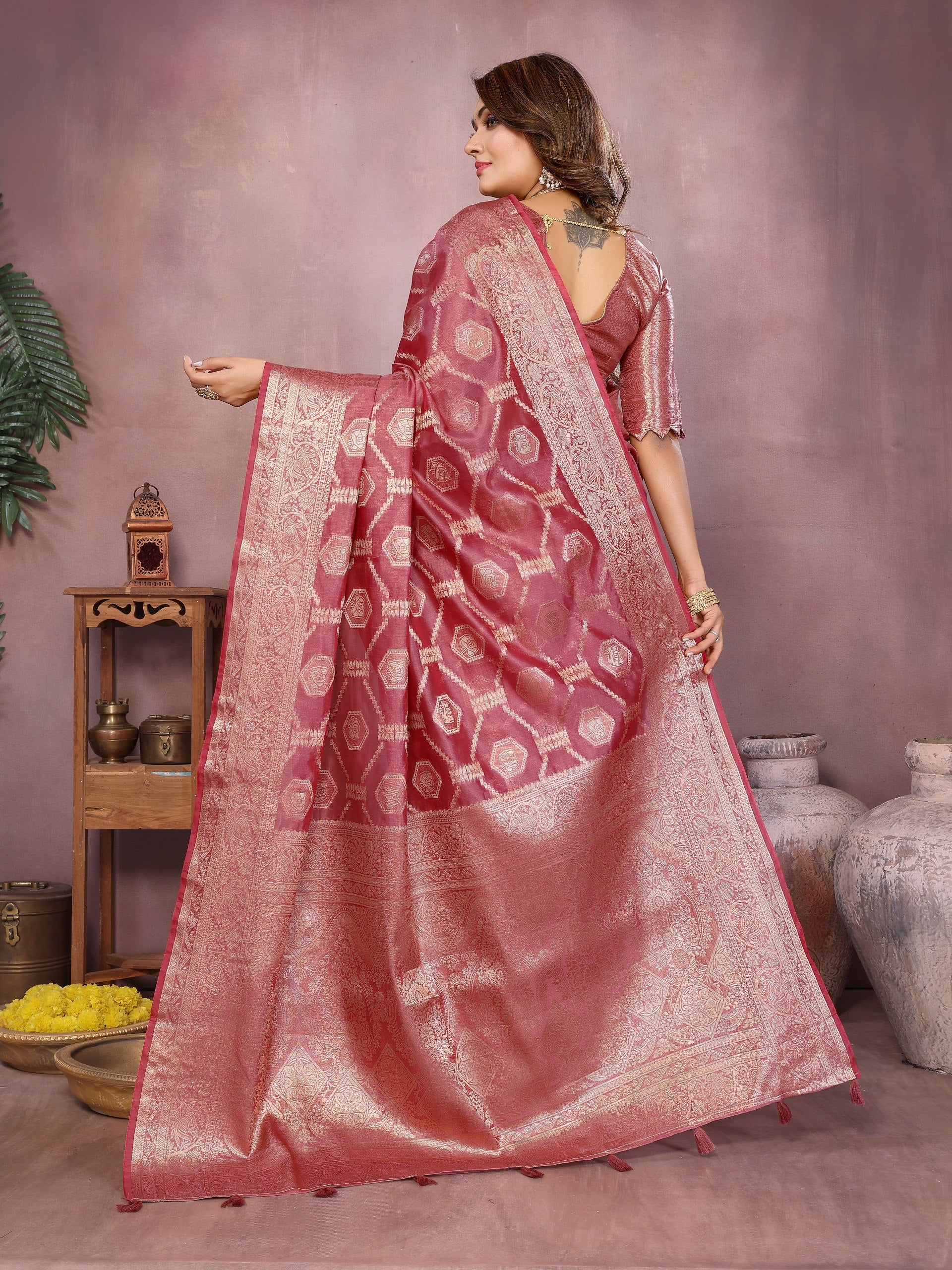 Womenline Rose Gold Color Soft Organza Silk Banarasi Saree
