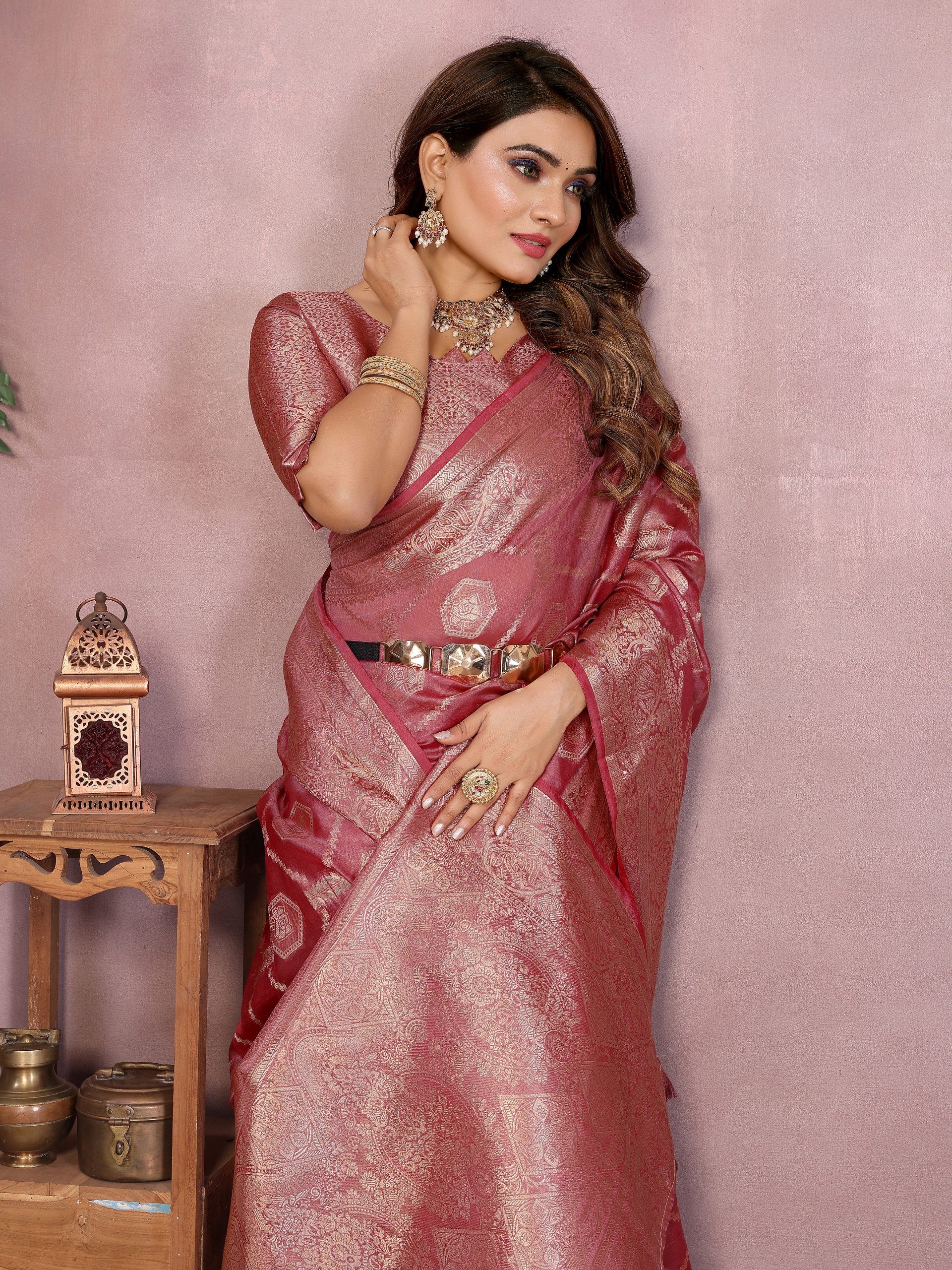 Womenline Rose Gold Color Soft Organza Silk Banarasi Saree