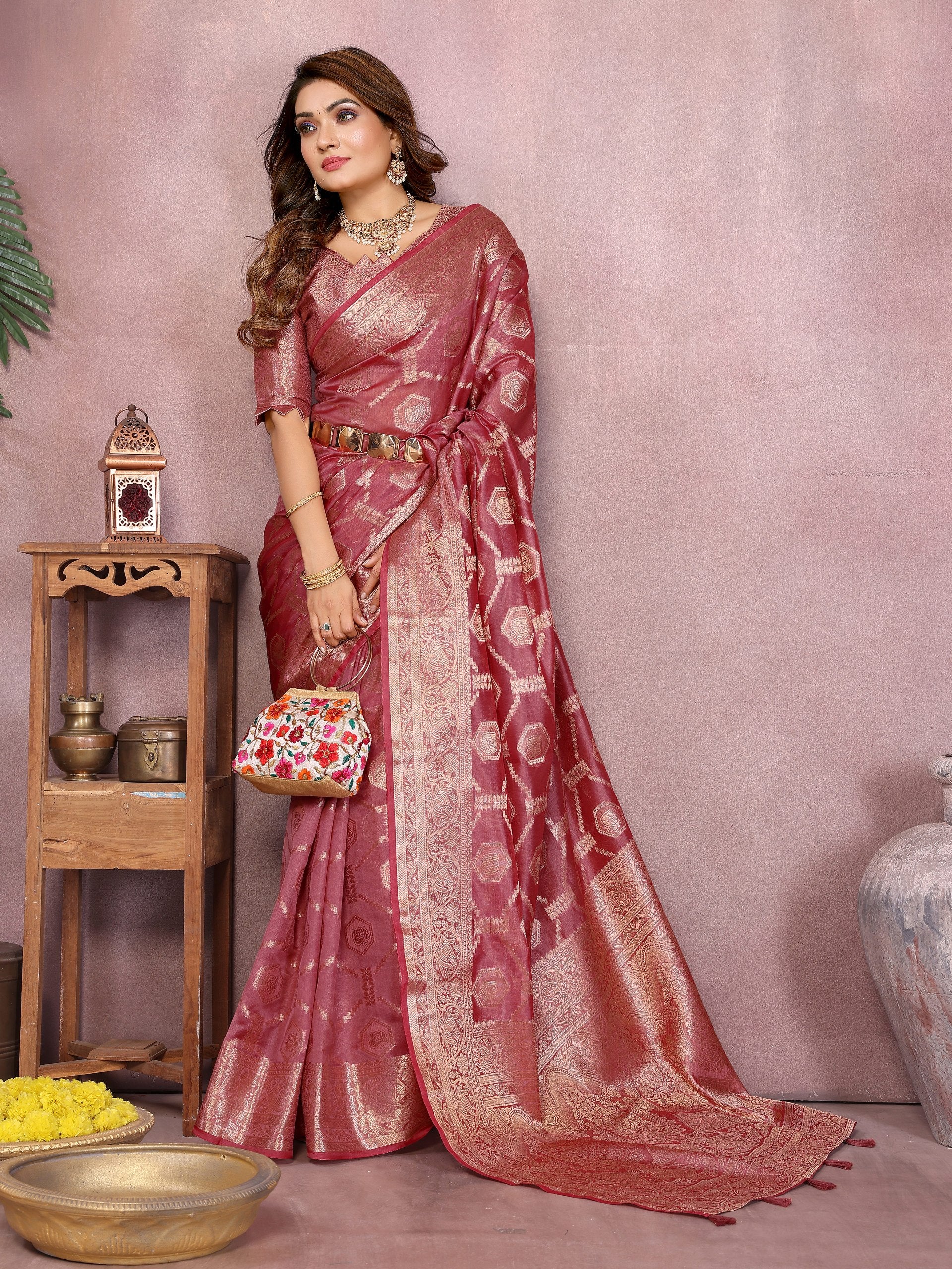 Womenline Rose Gold Color Soft Organza Silk Banarasi Saree
