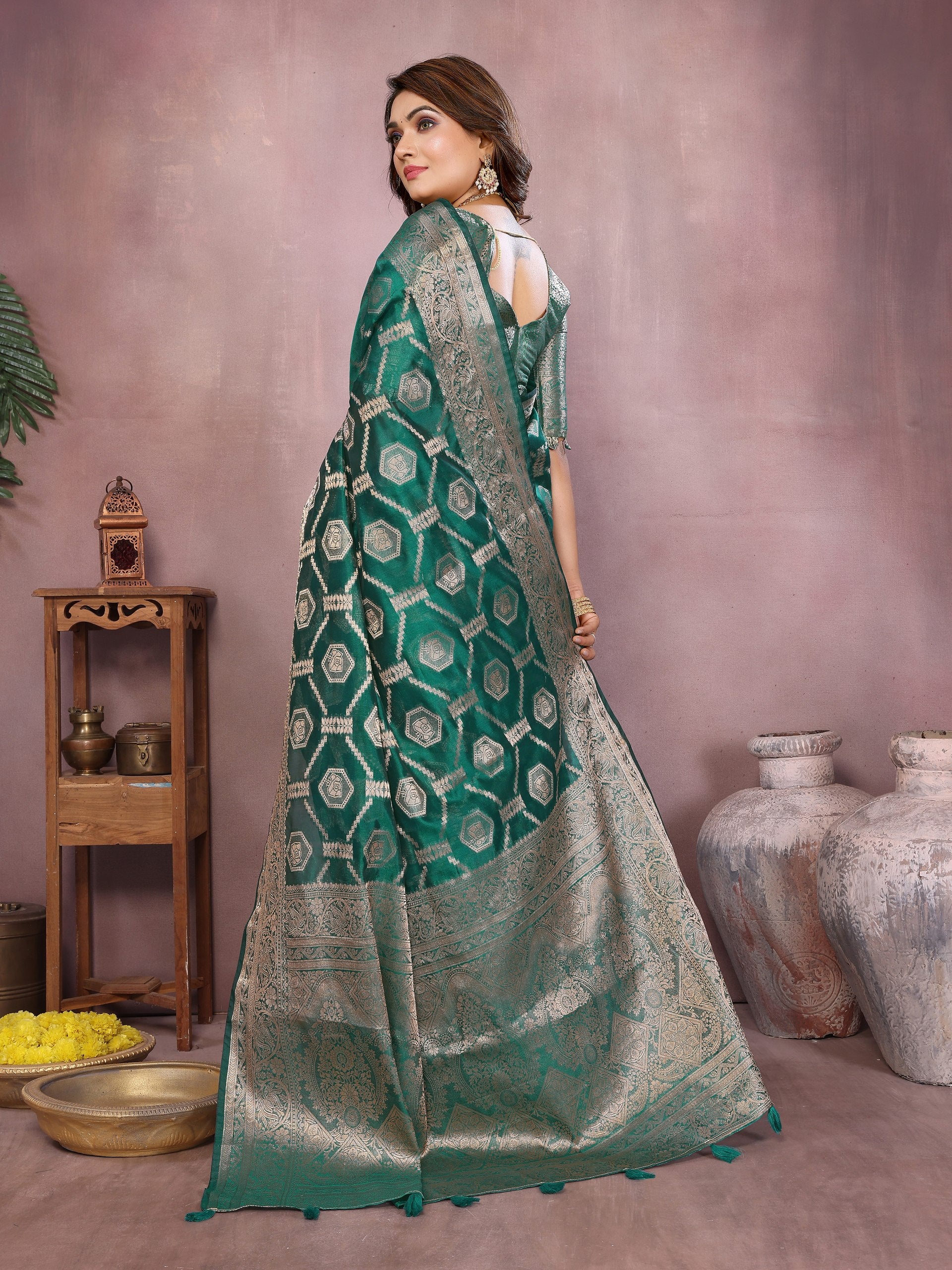 Womenline Regal Sea Green Color Soft Organza Banarasi Saree