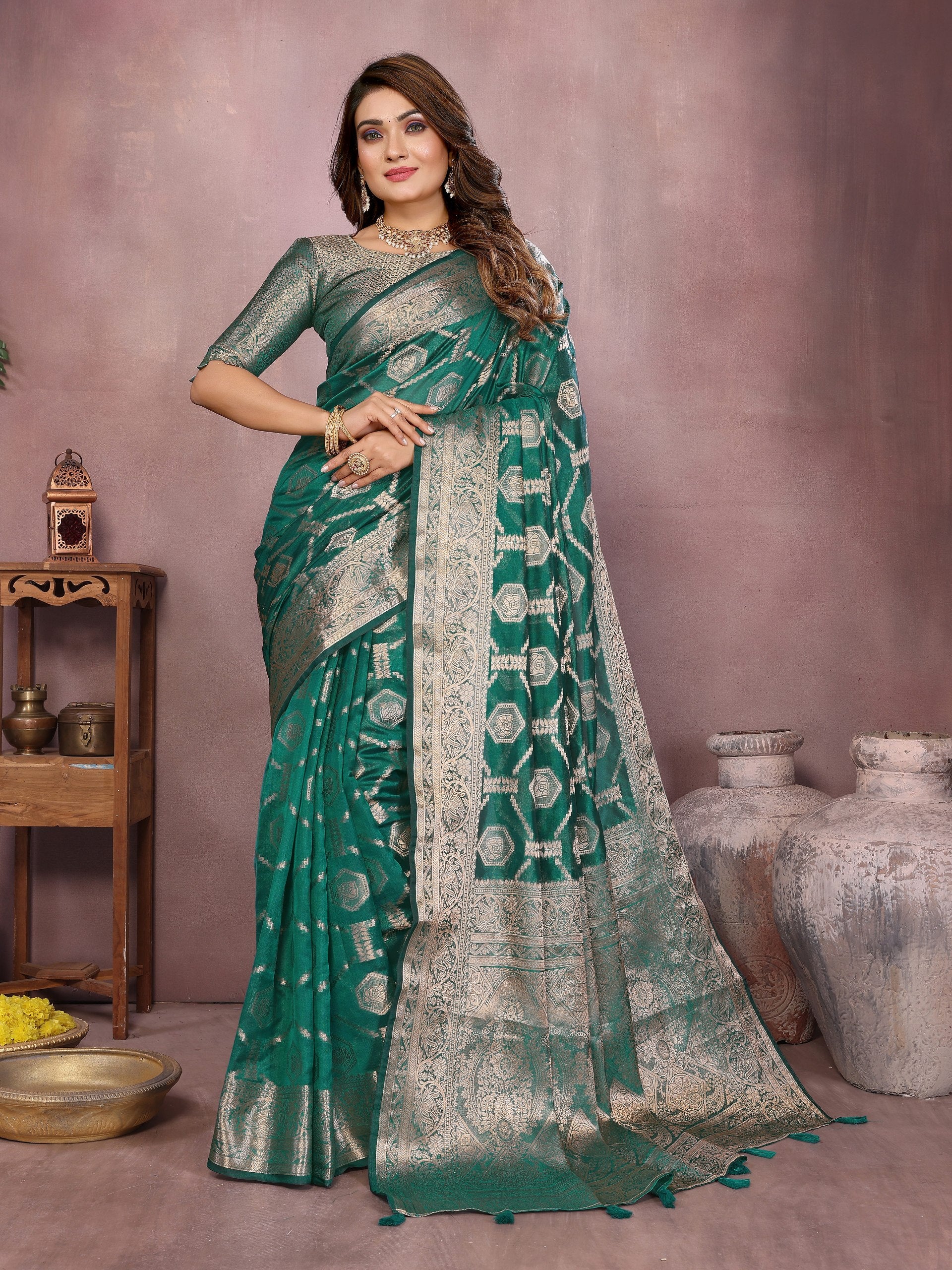 Womenline Regal Sea Green Color Soft Organza Banarasi Saree