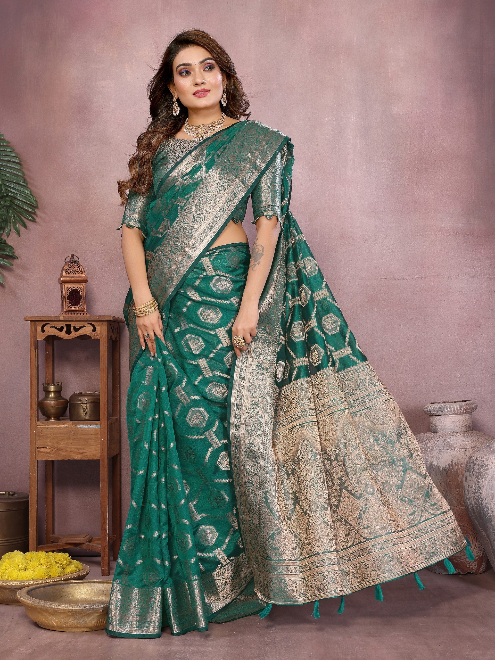 Womenline Regal Sea Green Color Soft Organza Banarasi Saree