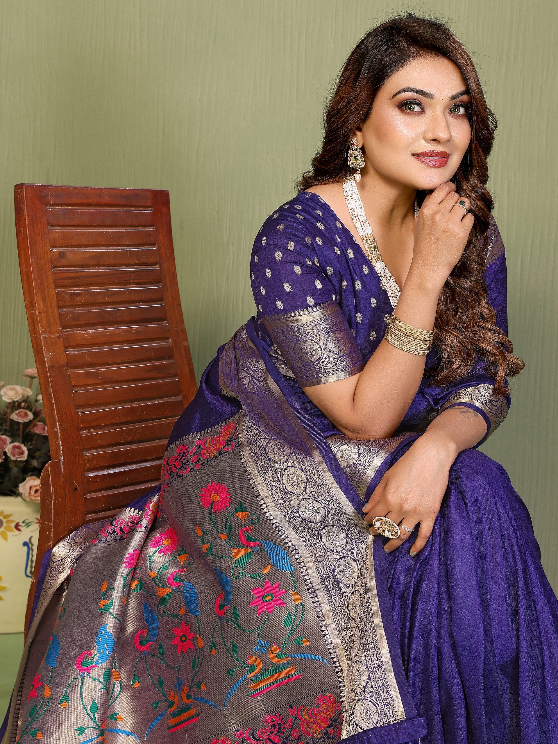Womenline Royal Violet Color Woven Paithani Saree