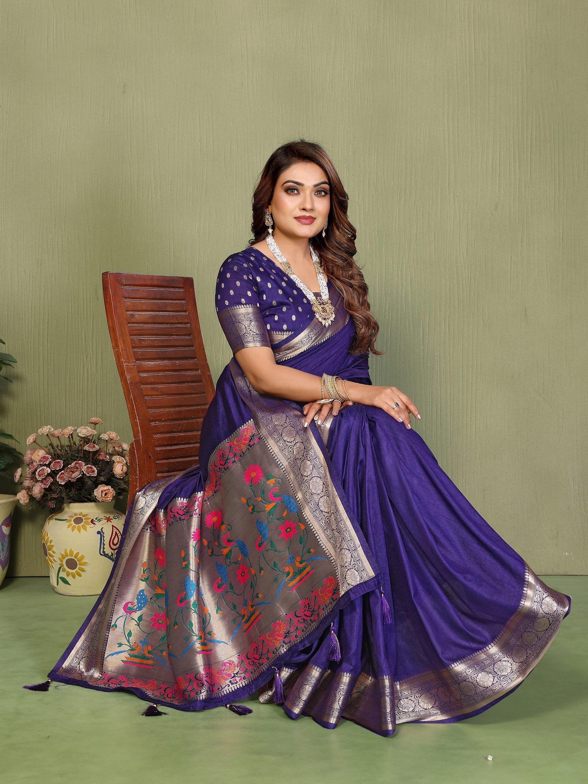 Womenline Royal Violet Color Woven Paithani Saree