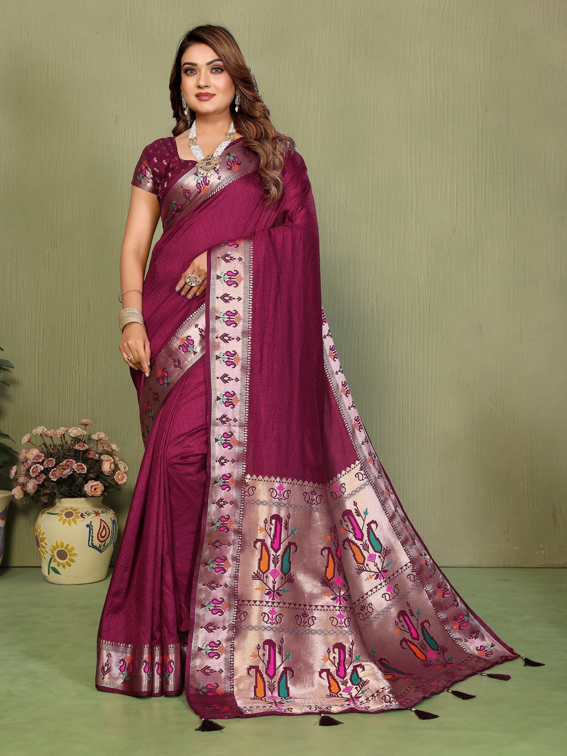Womenline Wine Purple Color Paithani Silk Saree