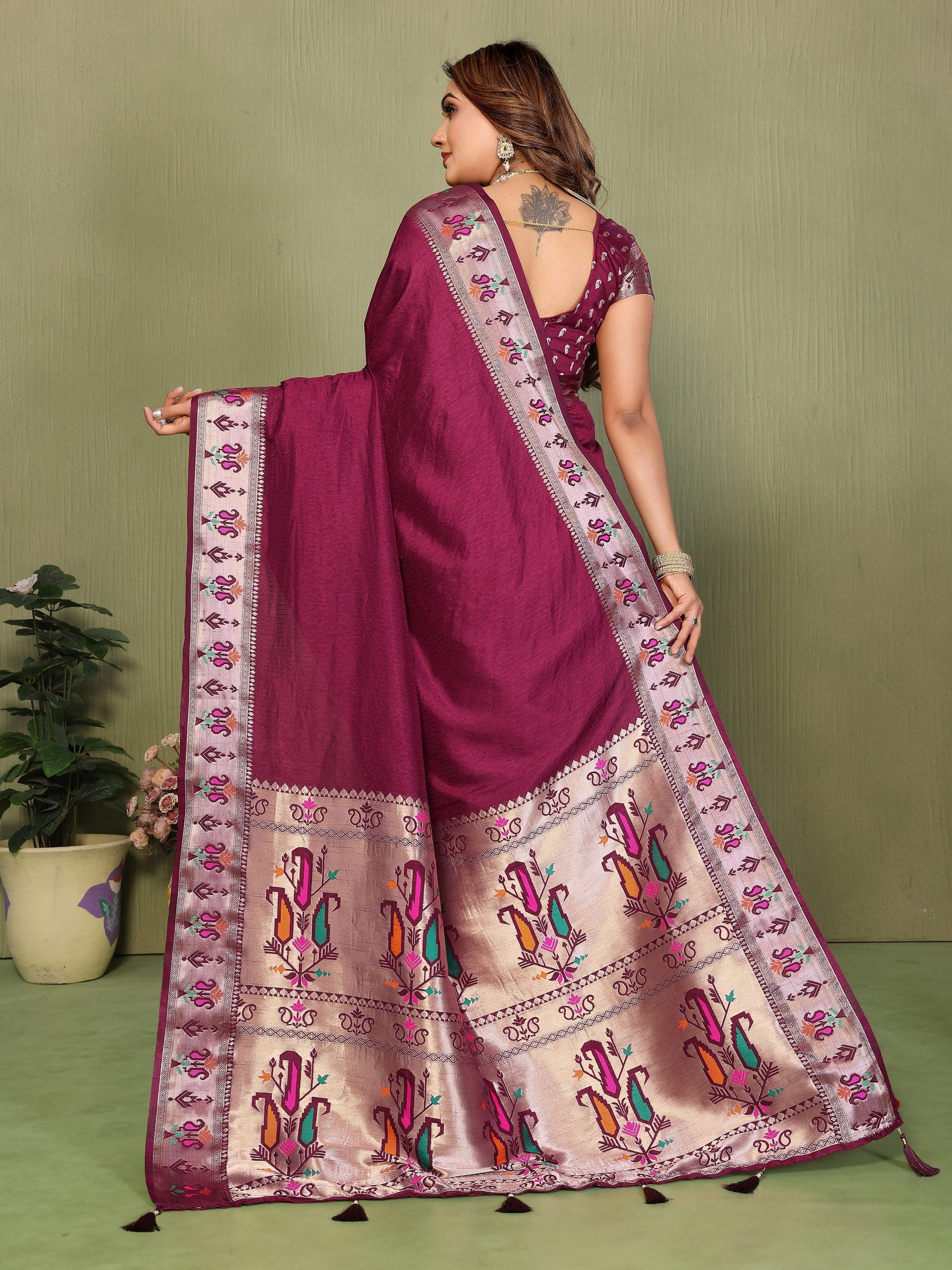 Womenline Wine Purple Color Paithani Silk Saree
