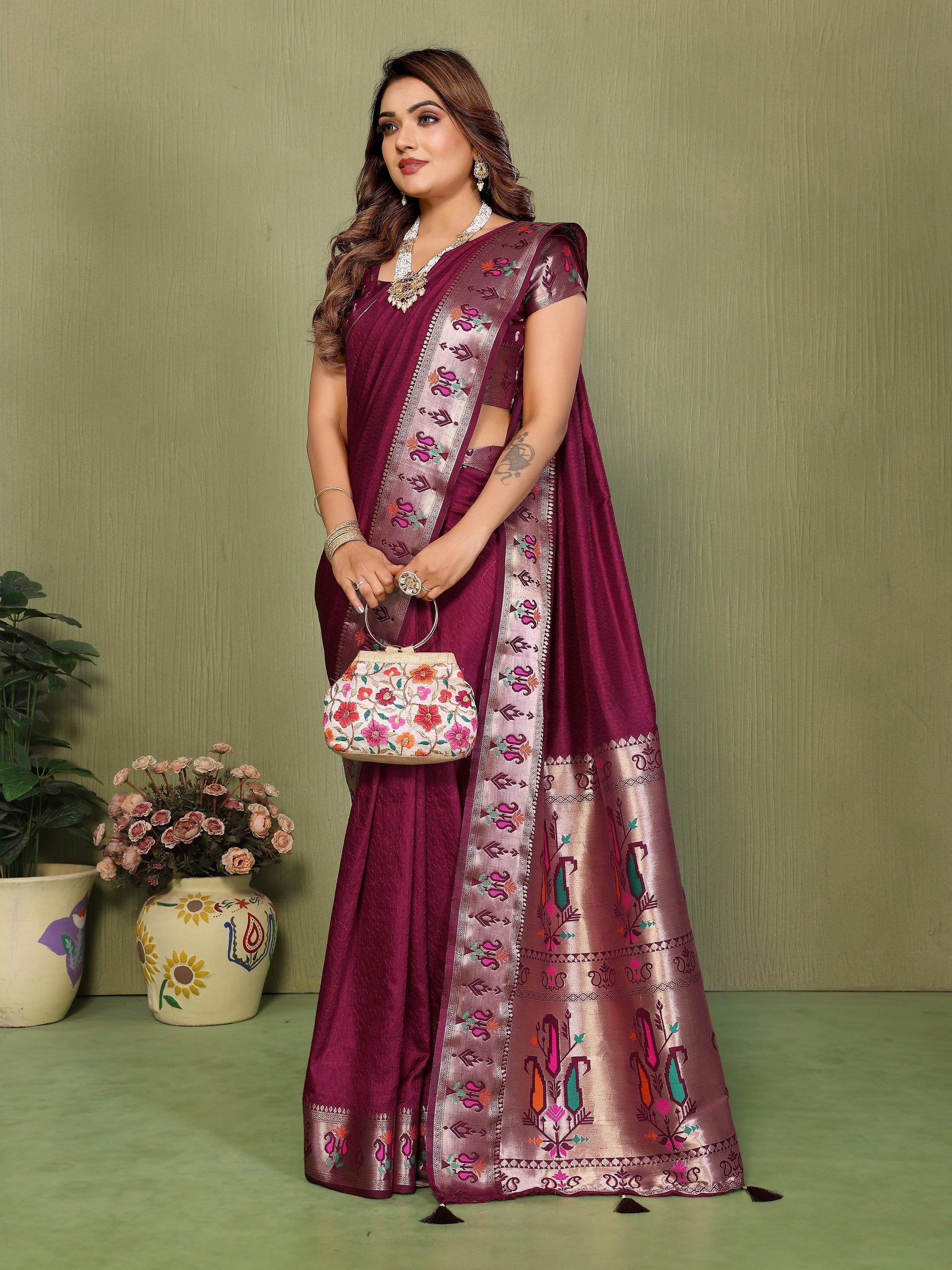 Womenline Wine Purple Color Paithani Silk Saree