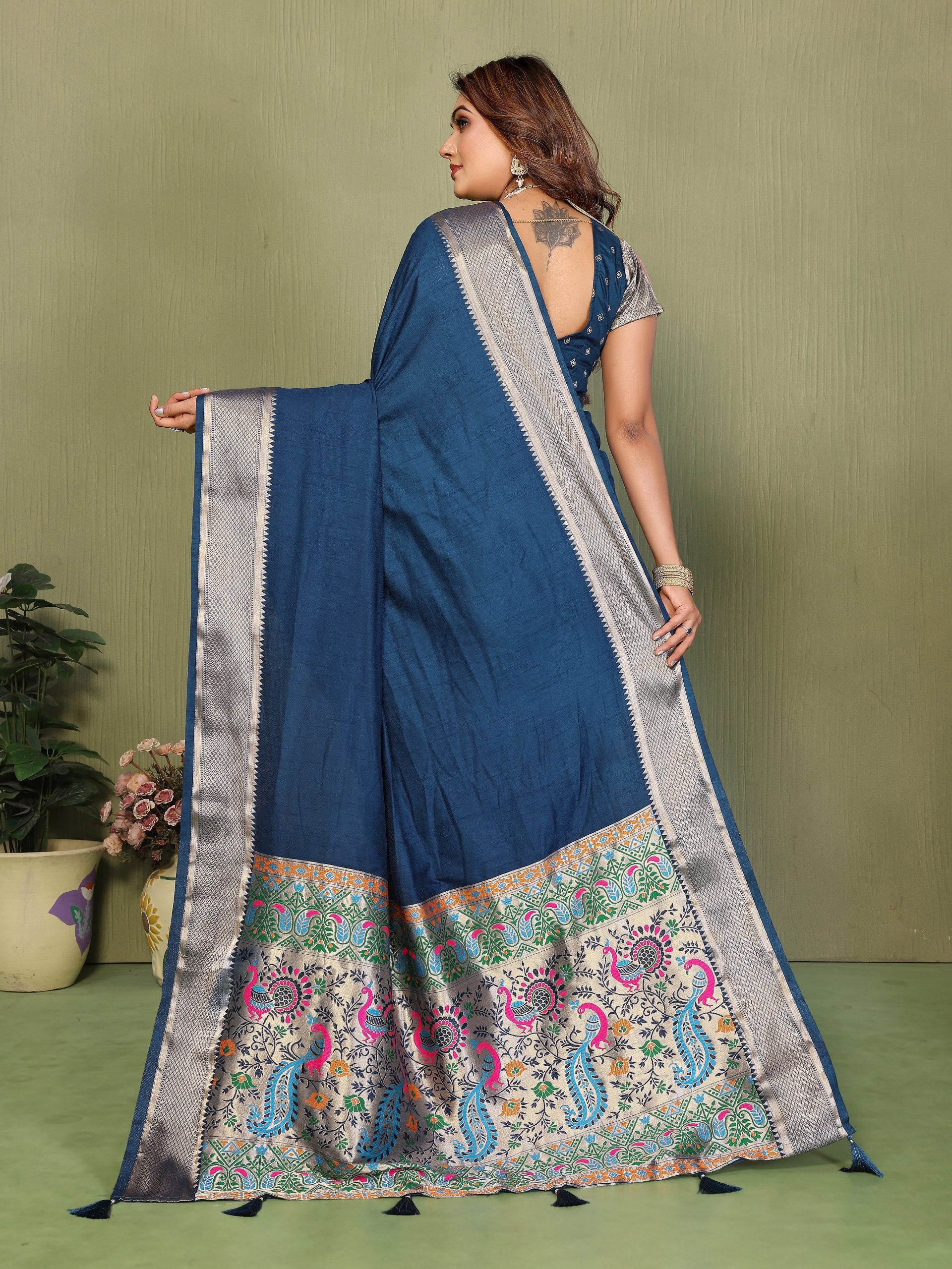 Womenline Navy Blue Color Paithani Silk Saree
