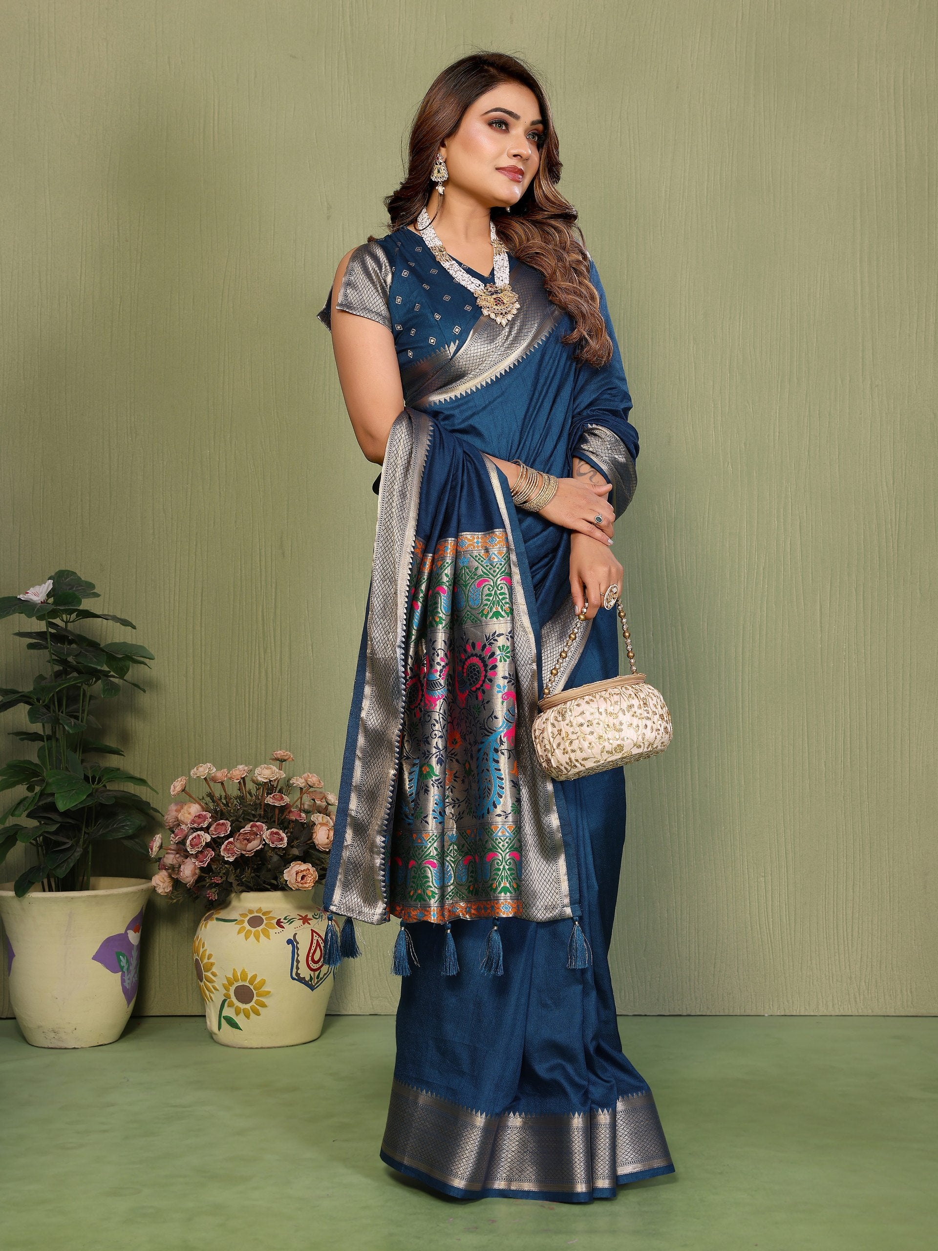 Womenline Navy Blue Color Paithani Silk Saree