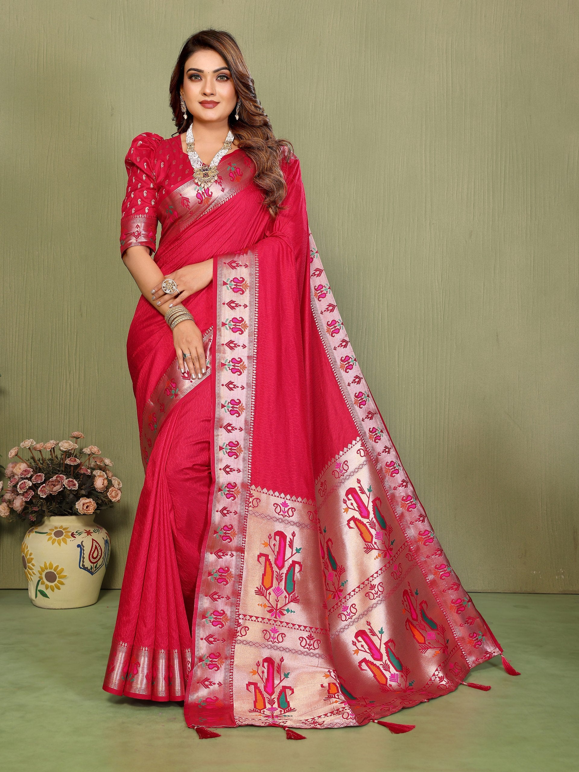 Womenline Rani Pink Color Paithani Silk Saree