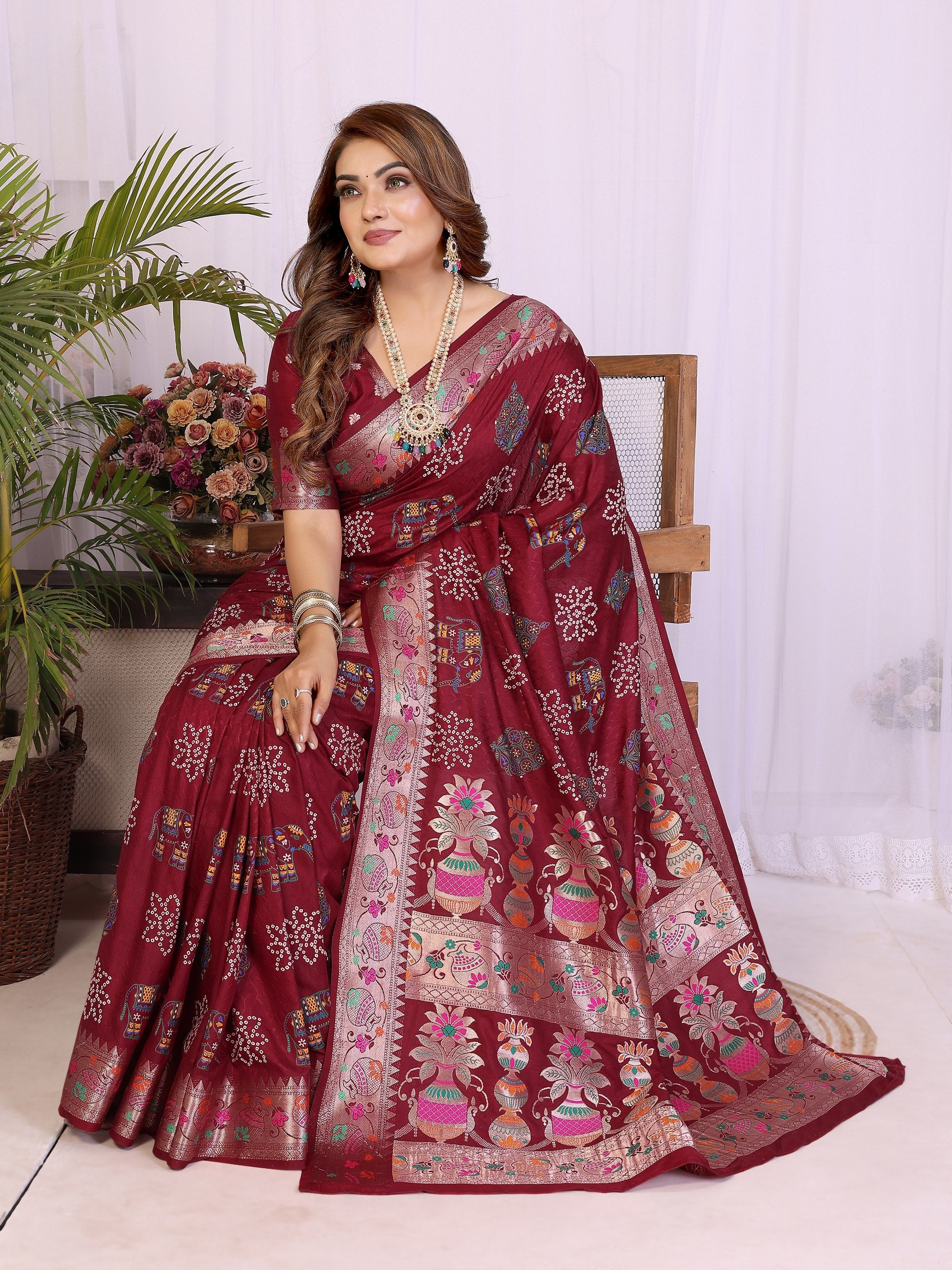 Womenline Bandhej Khadi Print Saree With Allover Zari Weaving Border Design